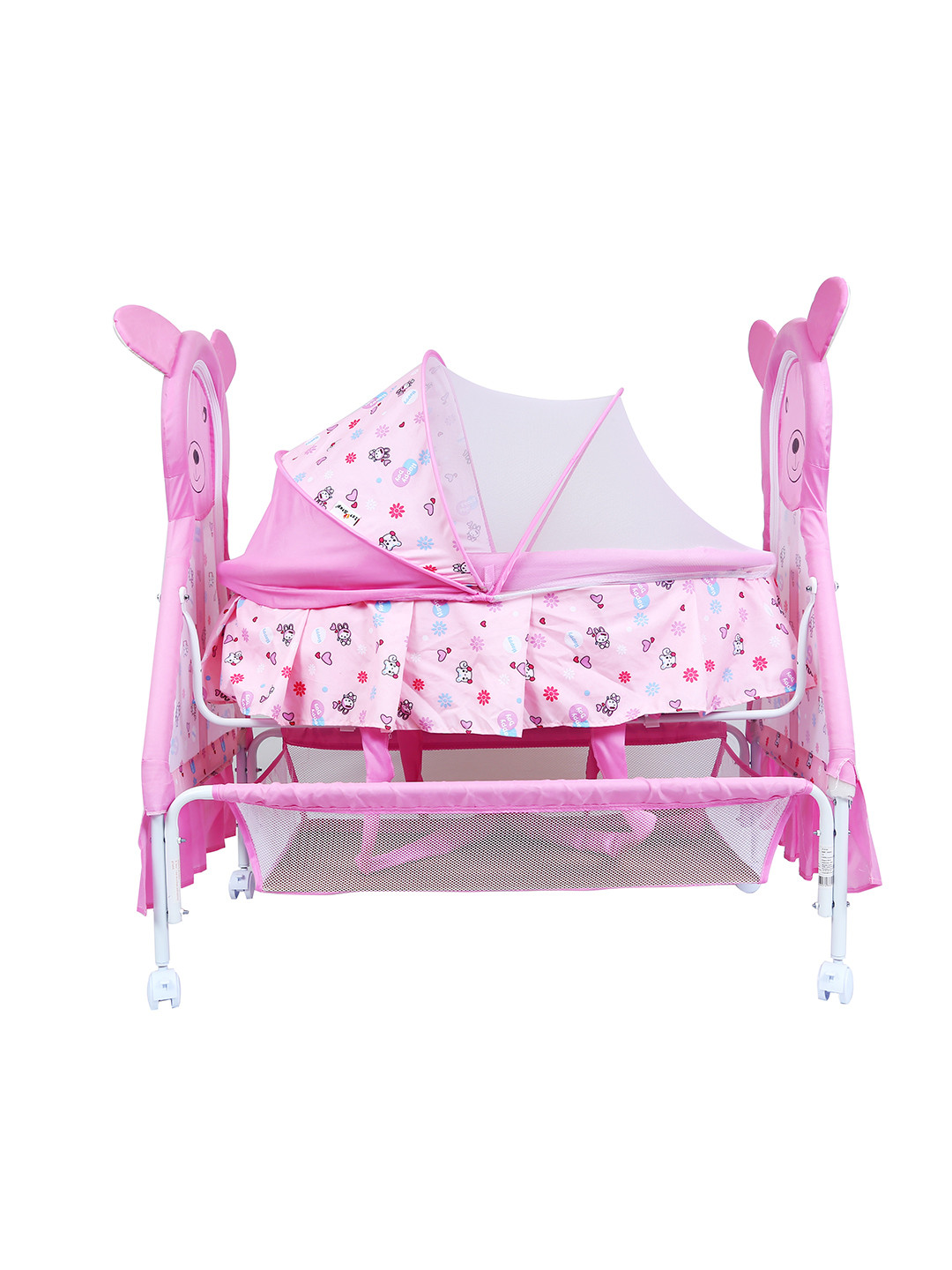 1st Step Infants Pink Printed Bassinet With Swing And Mosquito Net