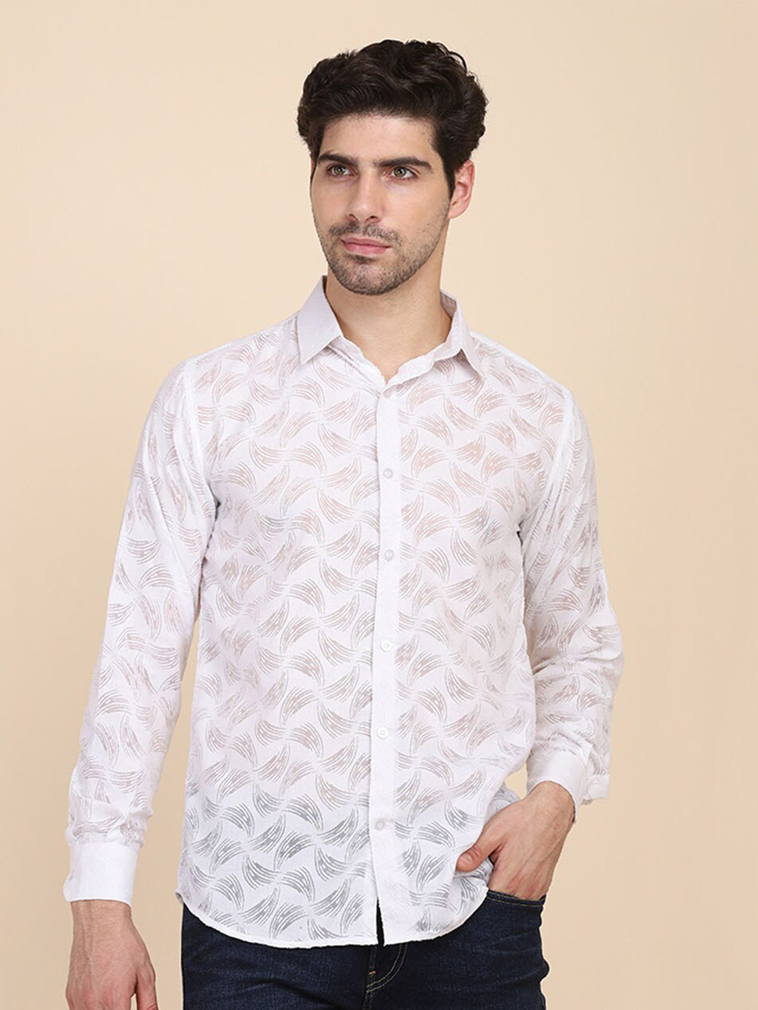TAHVO Men White Comfort Slim Fit Floral Printed Casual Shirt