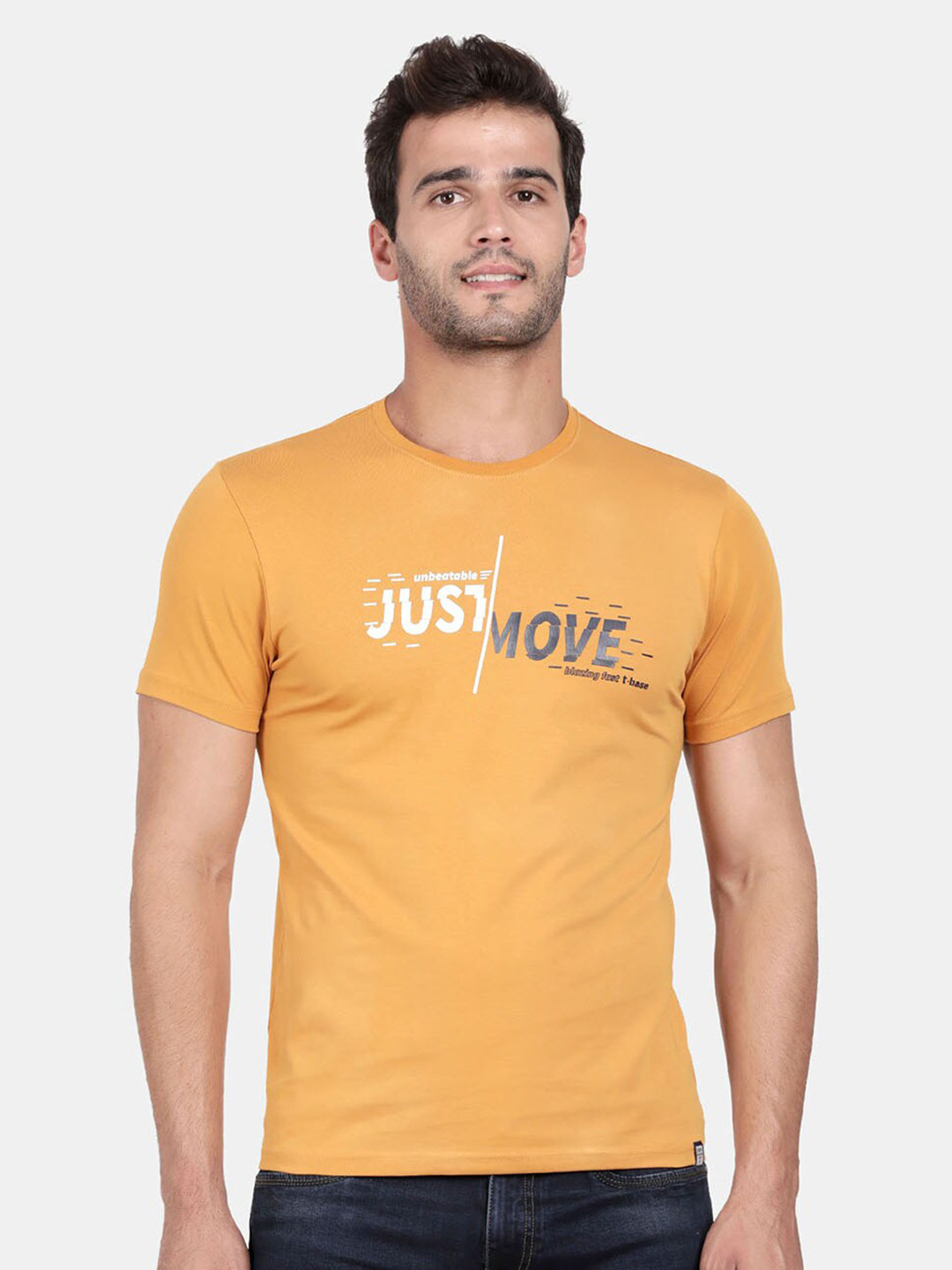 t-base Men Yellow & mellow apricot Typography Printed Raw Edge T-shirt