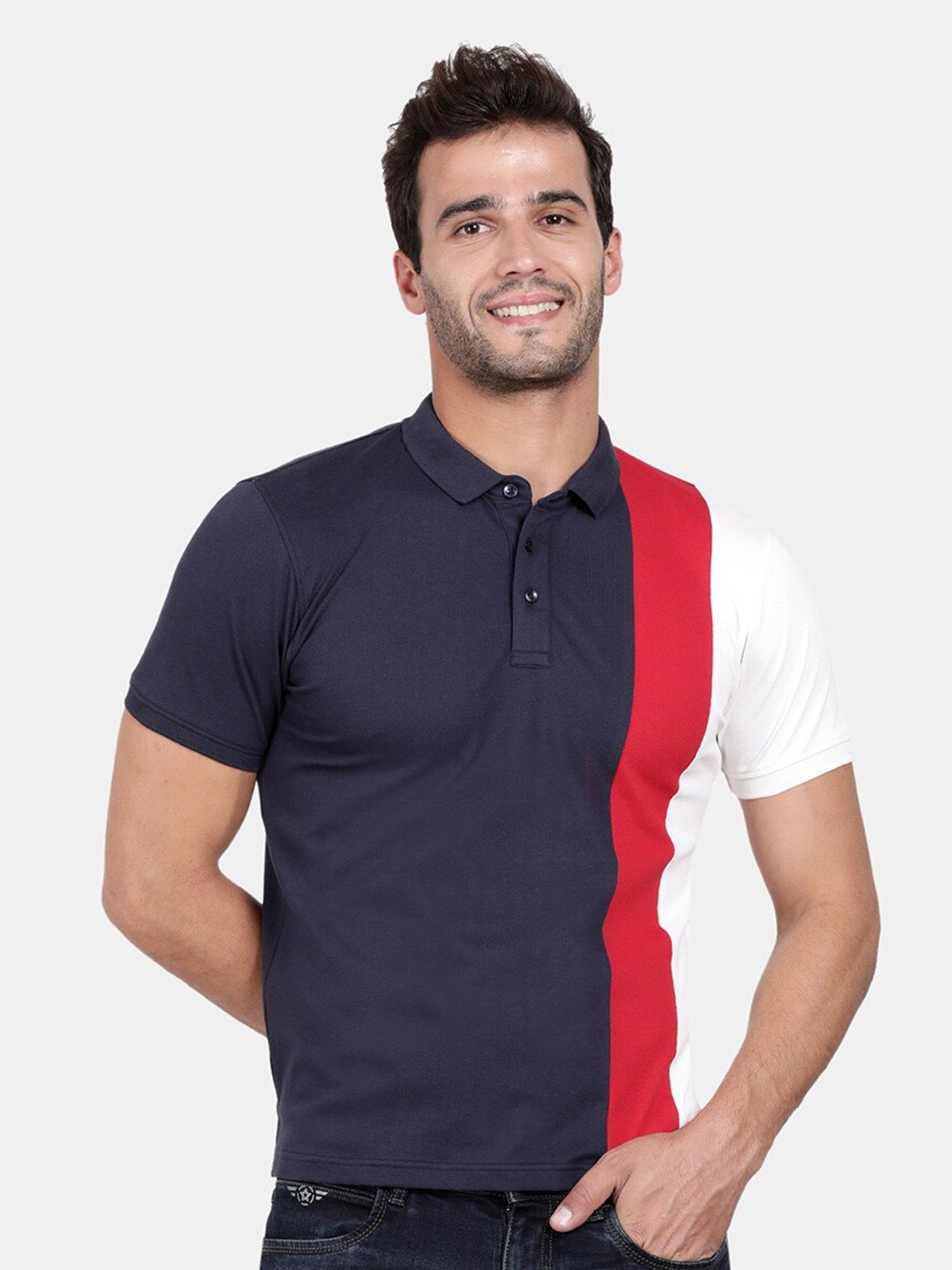t-base Men Blue & mood indigo Colourblocked Henley Neck T-shirt