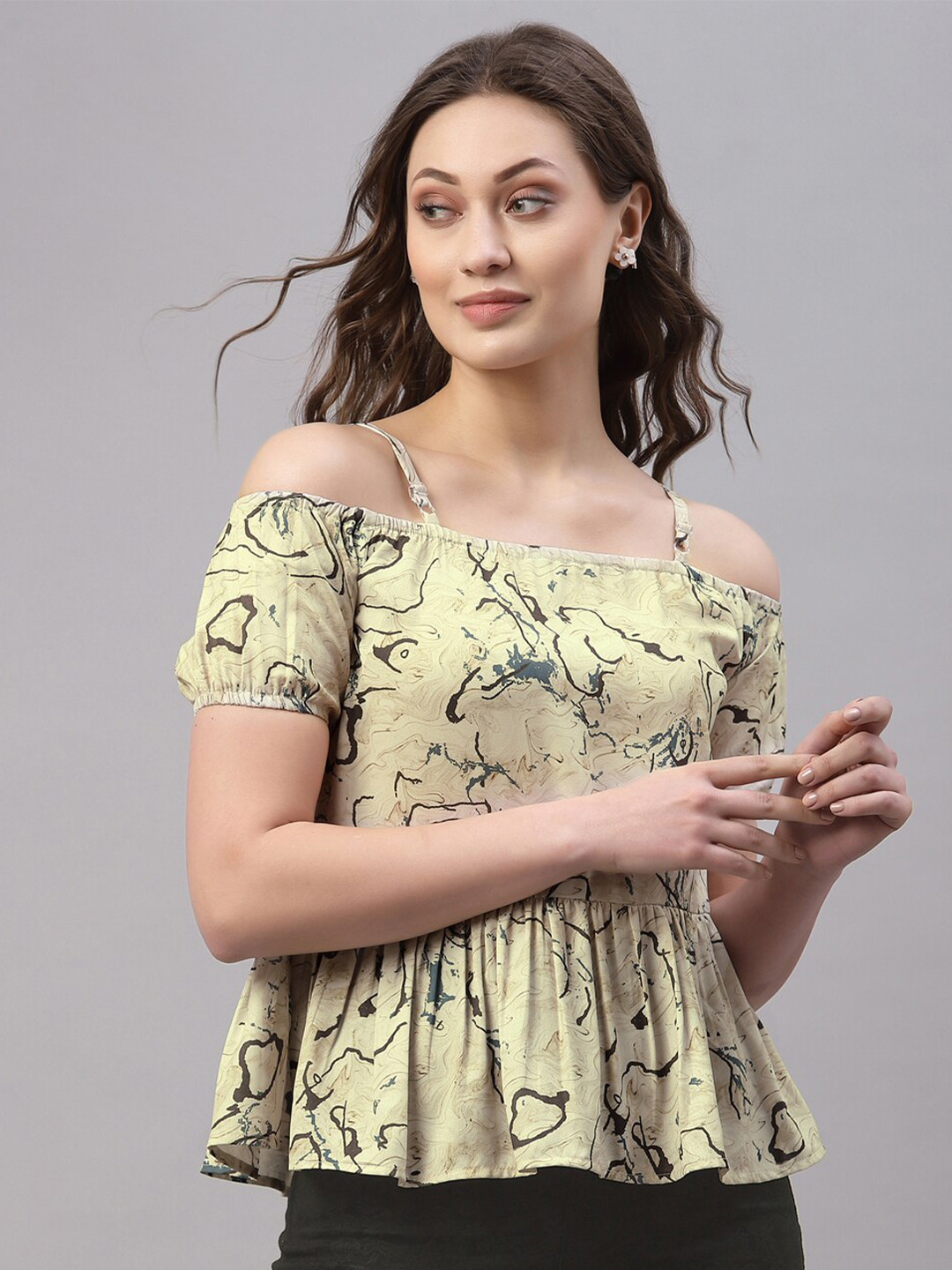 Selvia Beige Floral Print Bardot Top