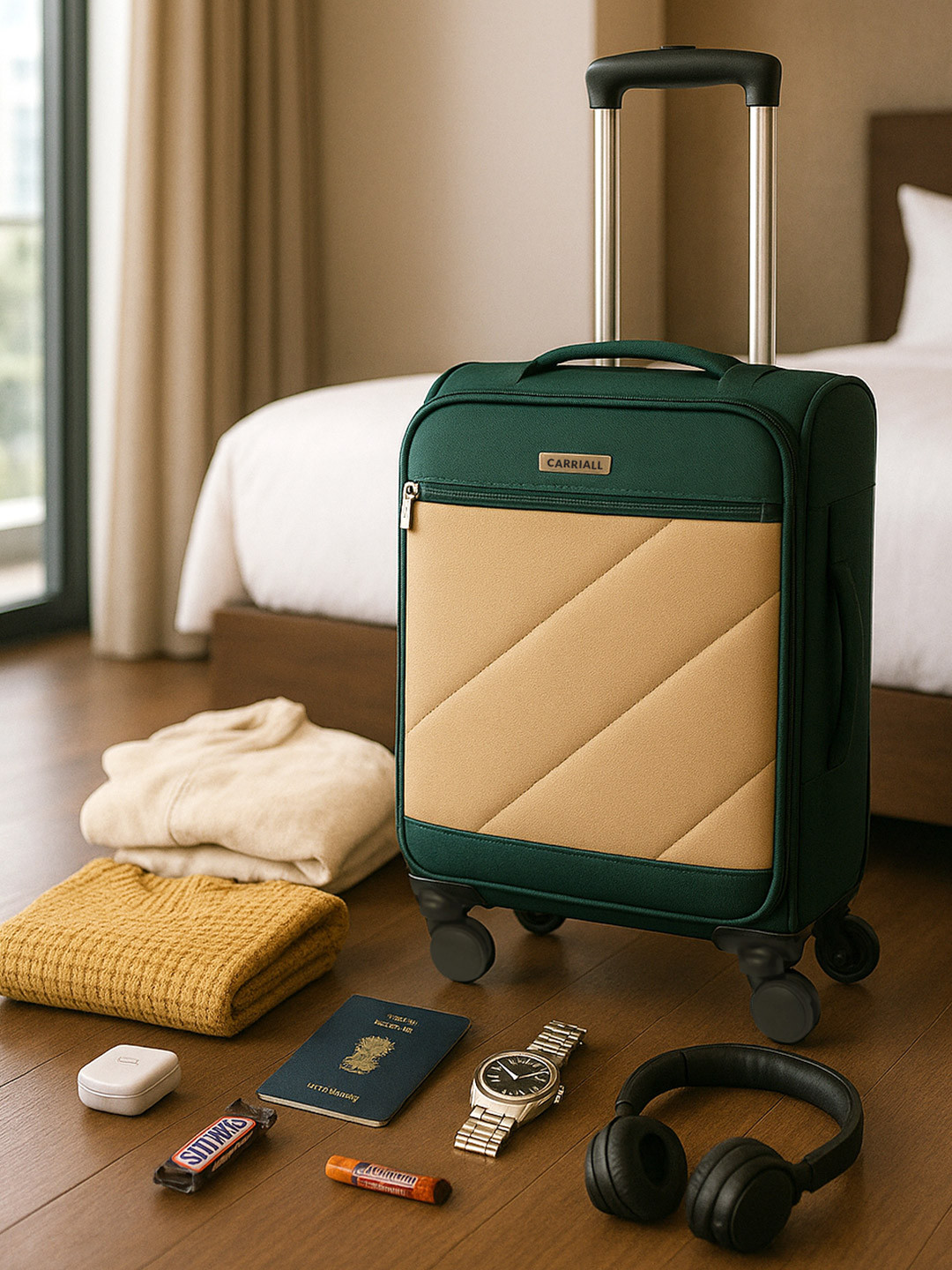 CARRIALL Green & Beige Color-Blocked Soft-Sided cabin Trolley Suitcase