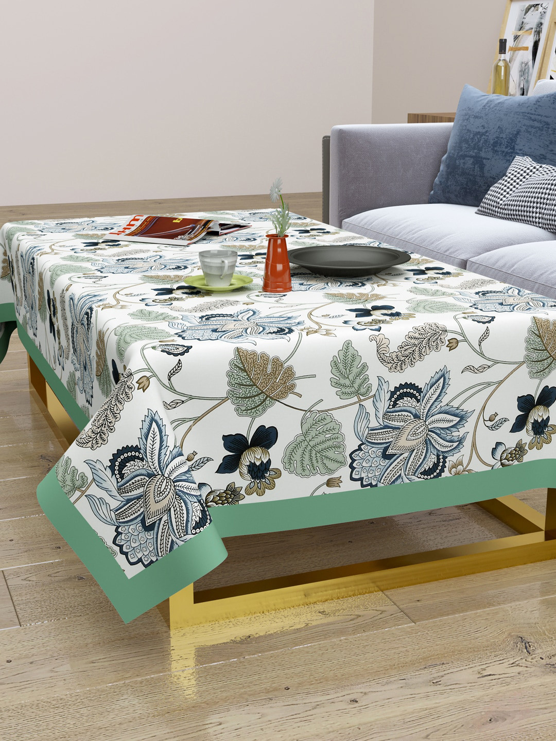 Clasiko Green & Beige Printed Pure Cotton 2-Seater Table Cover