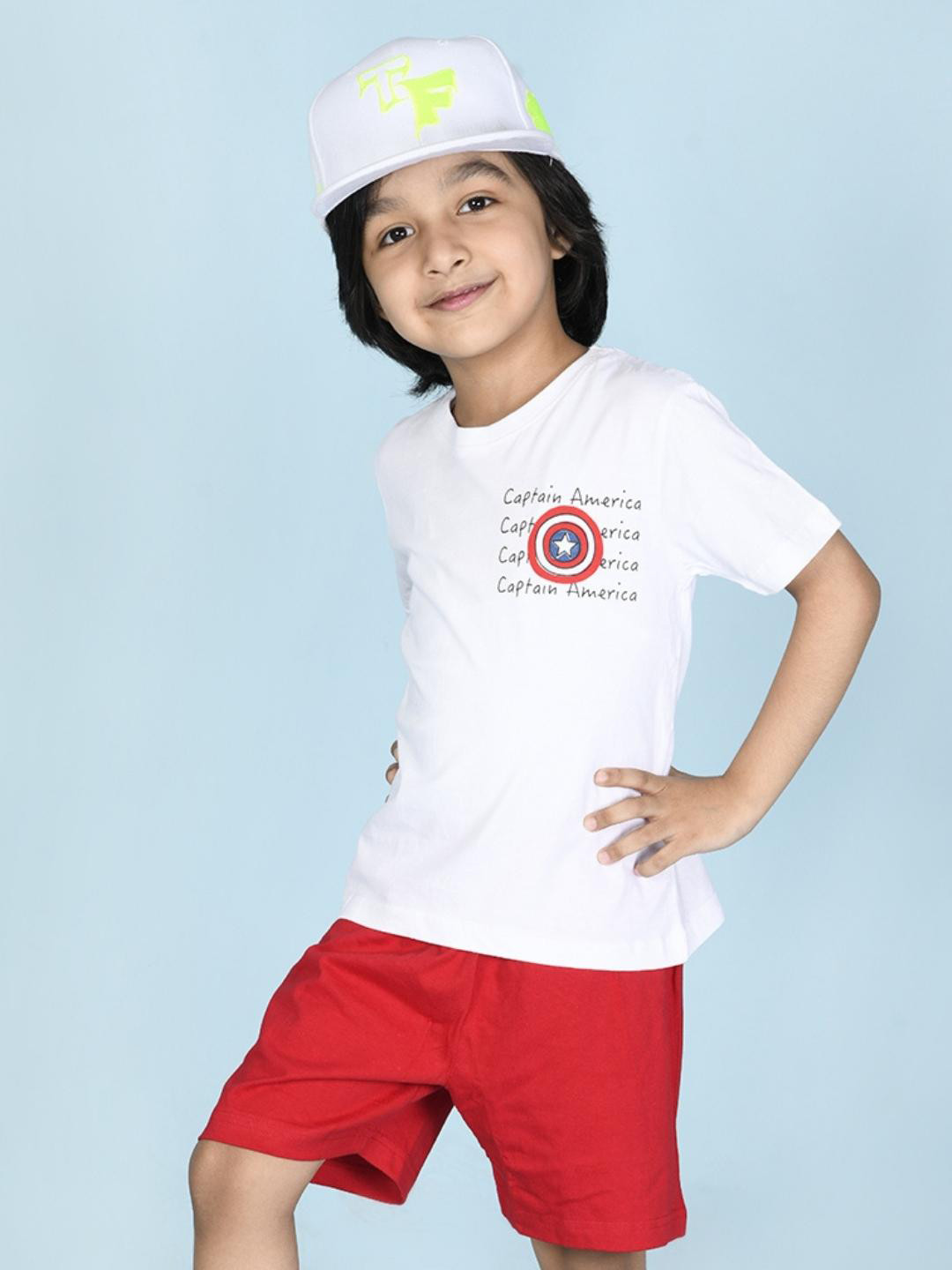 Nap Chief Unisex Kids White & Red Captain America Printed T-Shirt With Shorts