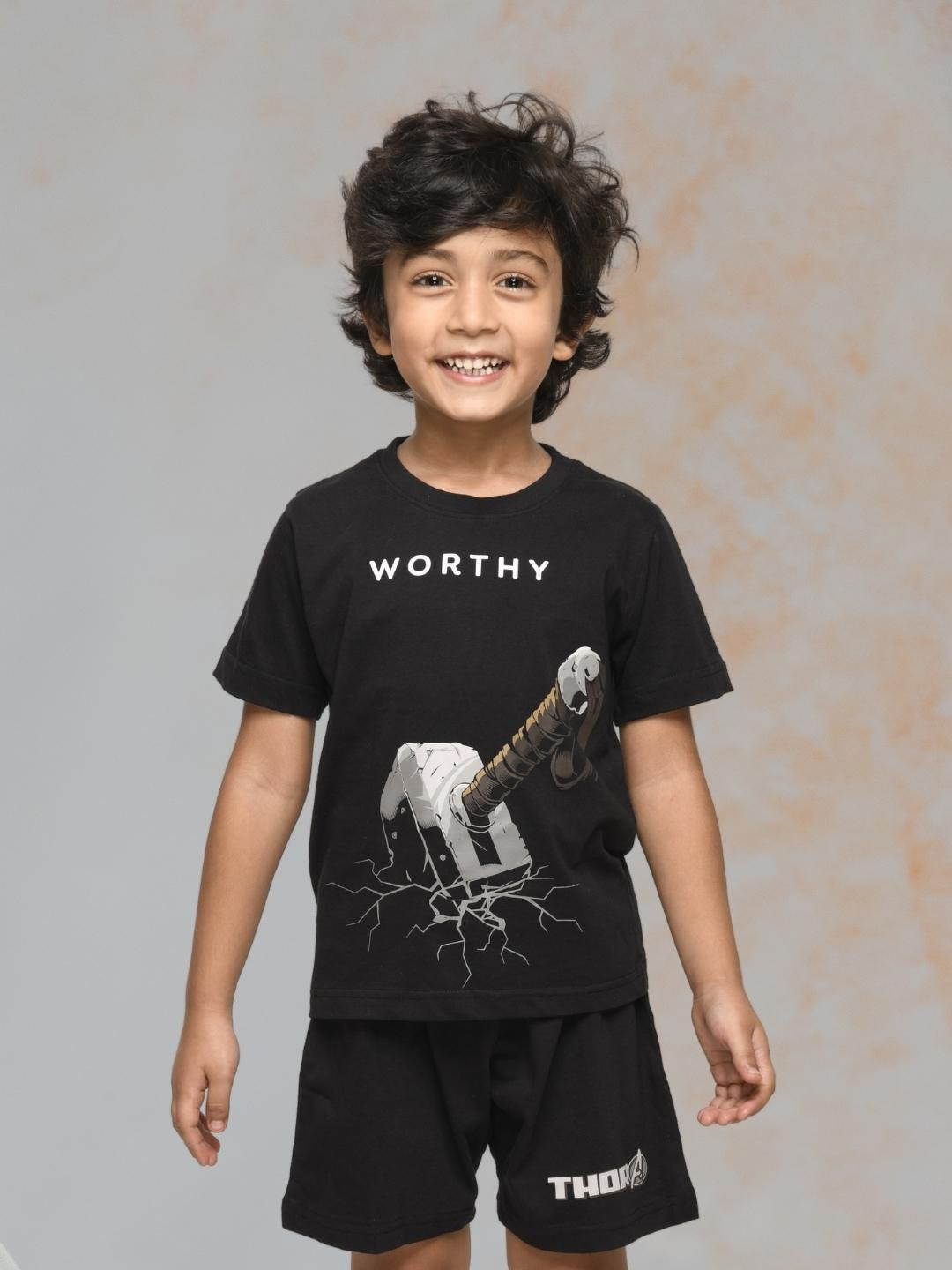 Nap Chief Unisex Kids Black & White Thor Worthy Printed Tshirt & Shorts Set