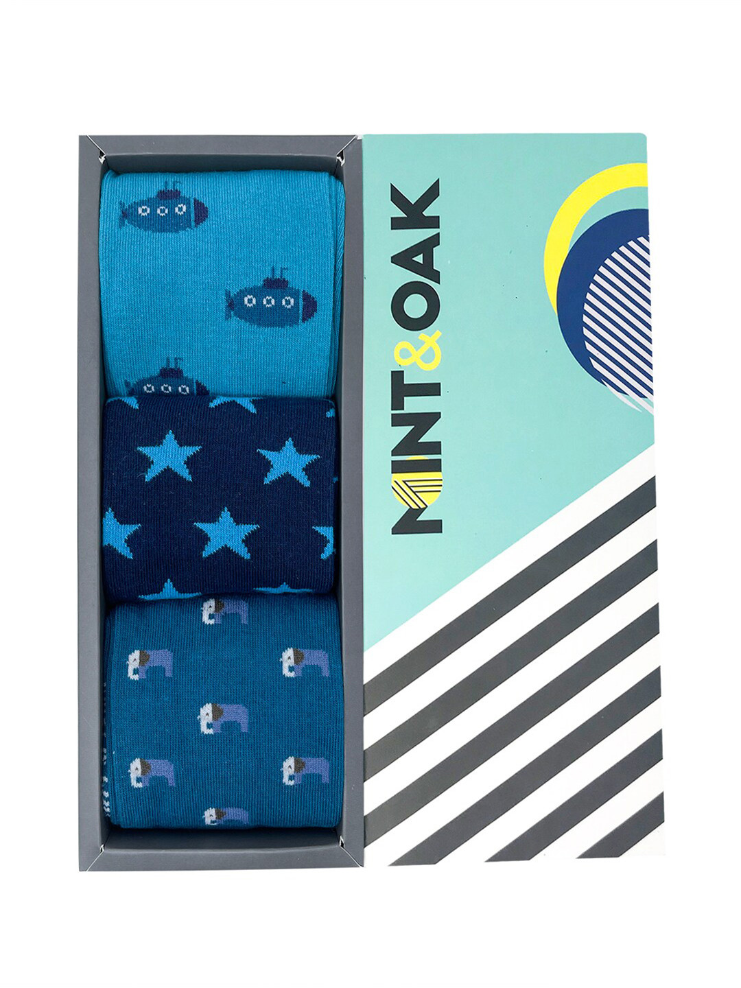 Mint & Oak Men Set Of 3 Blue All The Way Printed Calf Length Socks