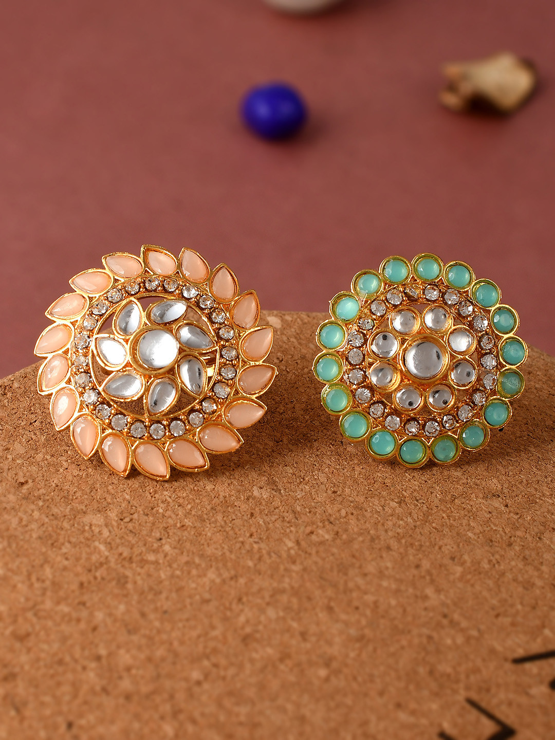 Silvermerc Designs Set Of 2 Gold-Plated Peach-Colored & Green Kundan-Studded Meenakari Finger Rings