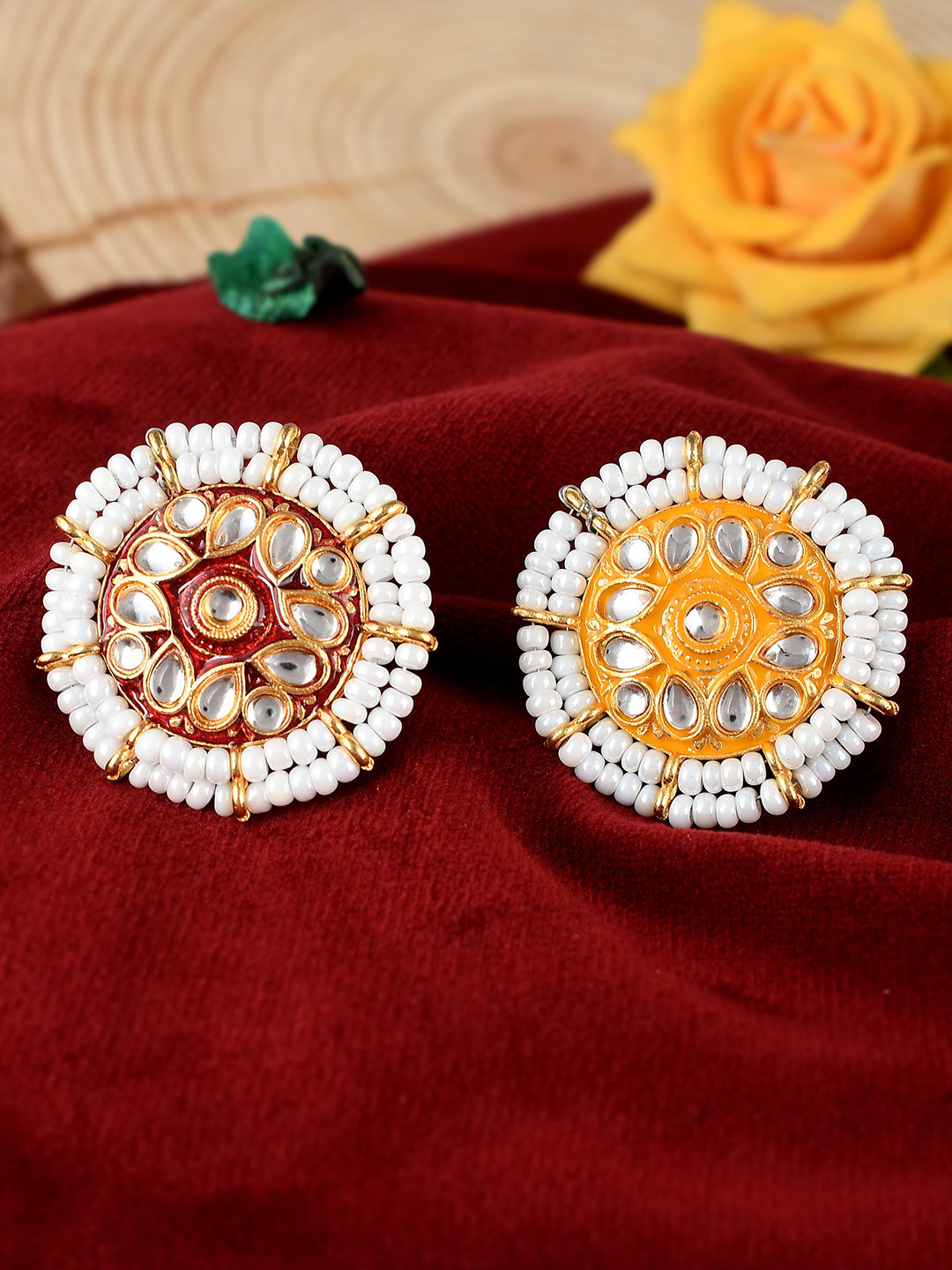 Silvermerc Designs Set Of 2 Gold-Plated White Kundan-Studded & Pearl Meenakari Finger Ring