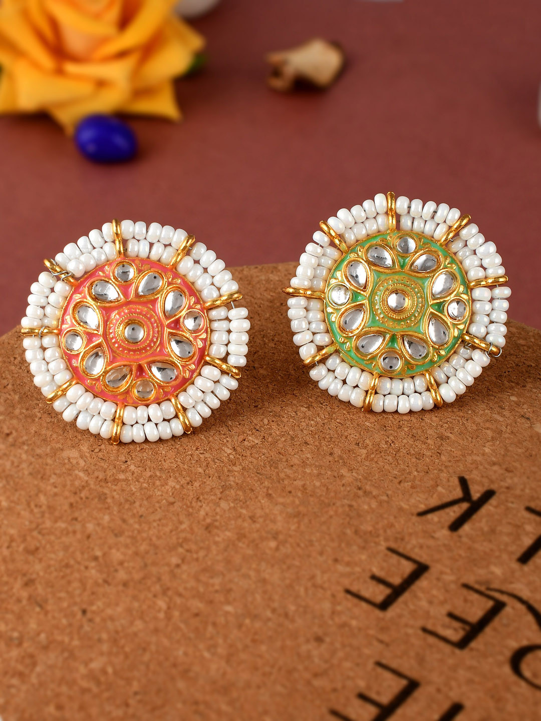 Silvermerc Designs Set Of 2 Gold-Plated Kundan-Studded & Pearl-Beaded Meenakari Finger Rings