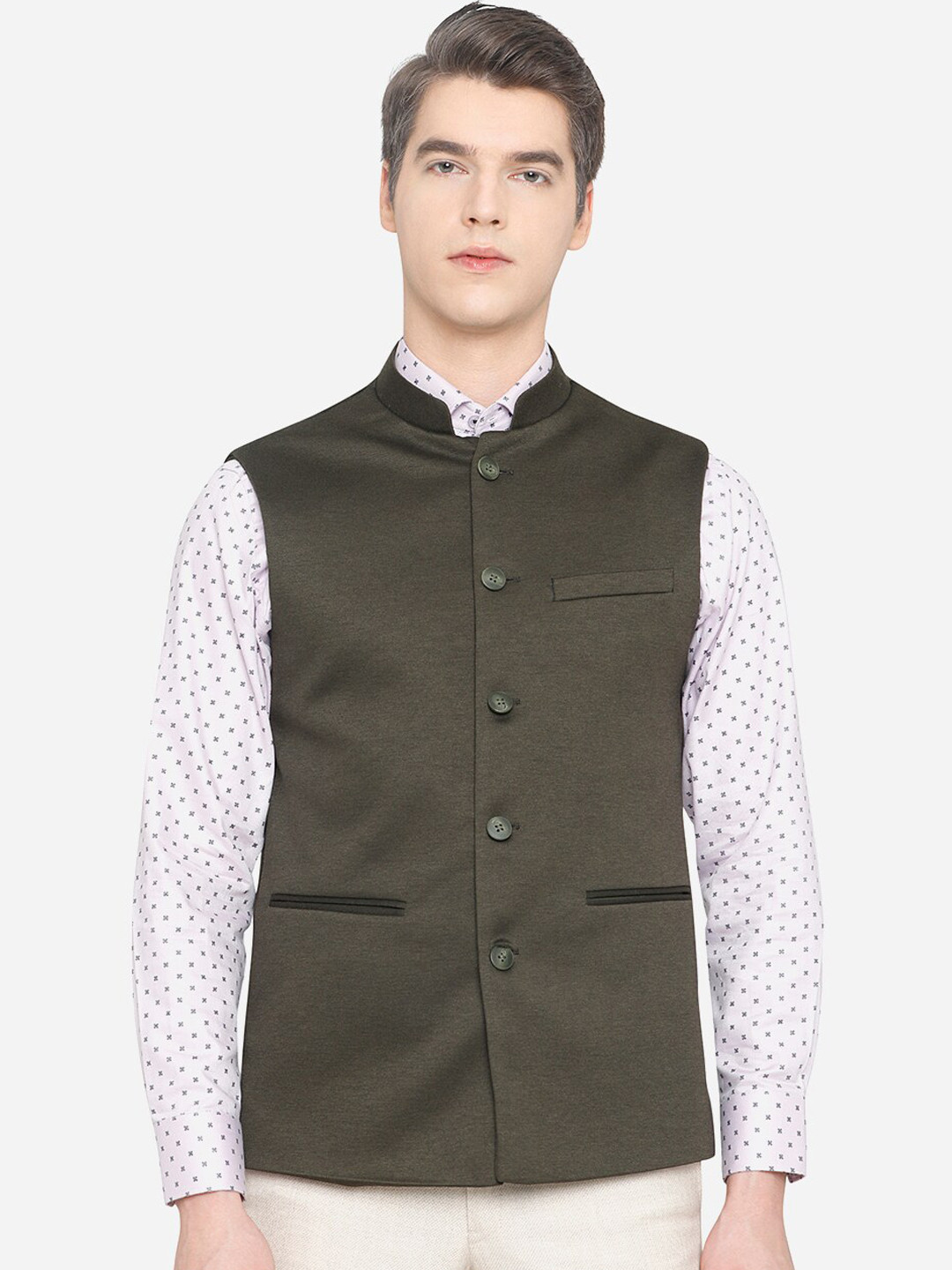 JB STUDIO Men Green Solid Nehru Jackets