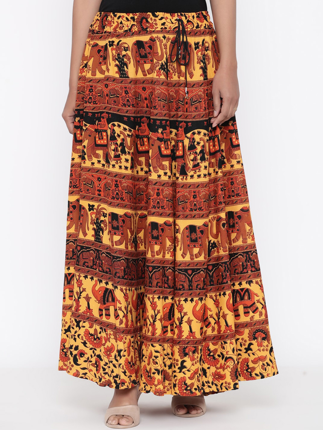 SOUNDARYA Women Yellow Printed Pure Cotton Long Skirts