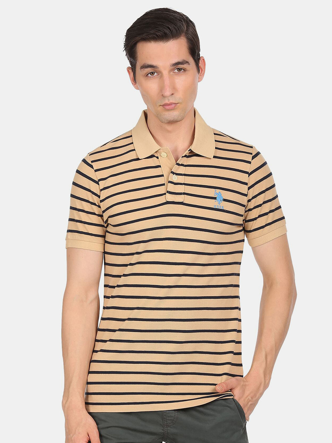 U S Polo Assn Men Beige Striped T-shirt