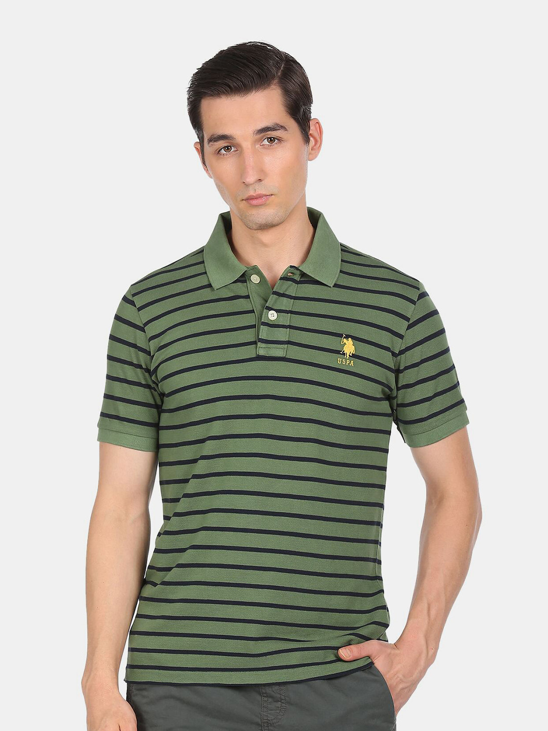 U S Polo Assn Men Green & kashmir Striped High Neck T-shirt