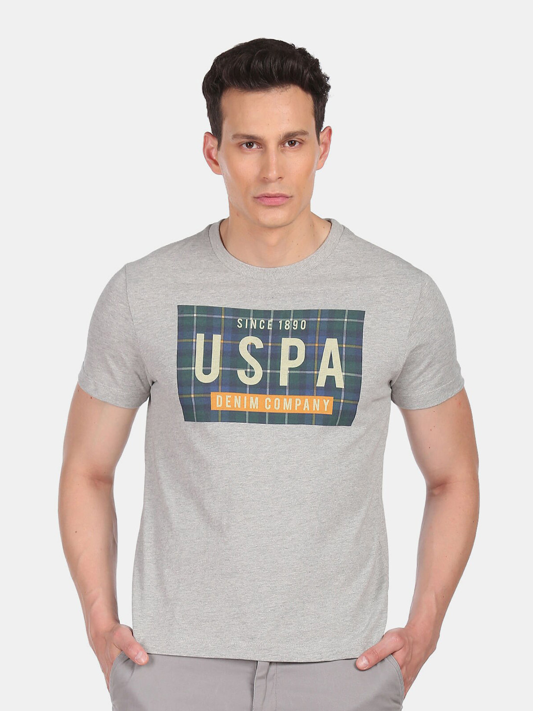 U.S. Polo Assn. Denim Co.Men Grey Typography Printed Extended Sleeves Applique T-shirt