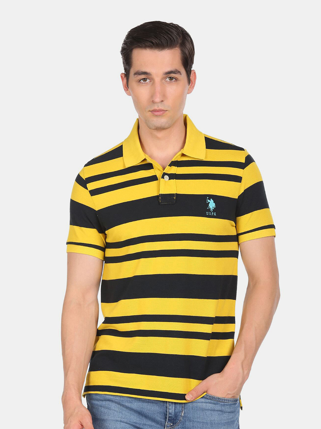 U S Polo Assn Men Yellow & brown Striped Polo Collar T-shirt