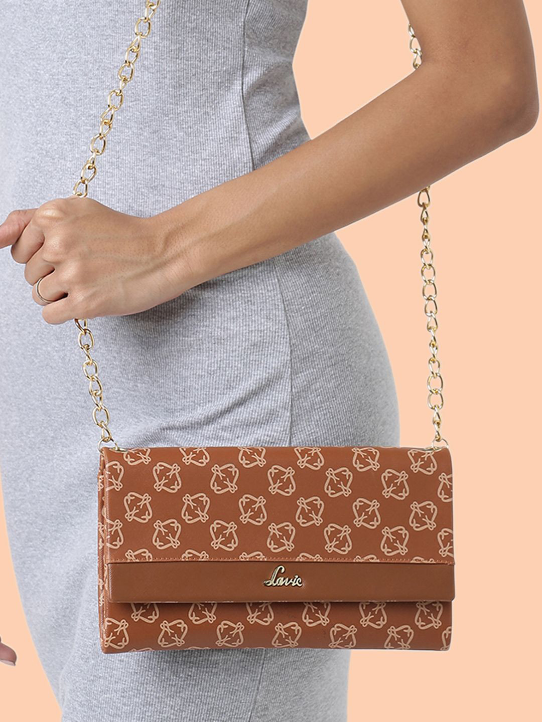 Lavie Mono Kindle Women Tan Brown Printed Structured Sling Bag