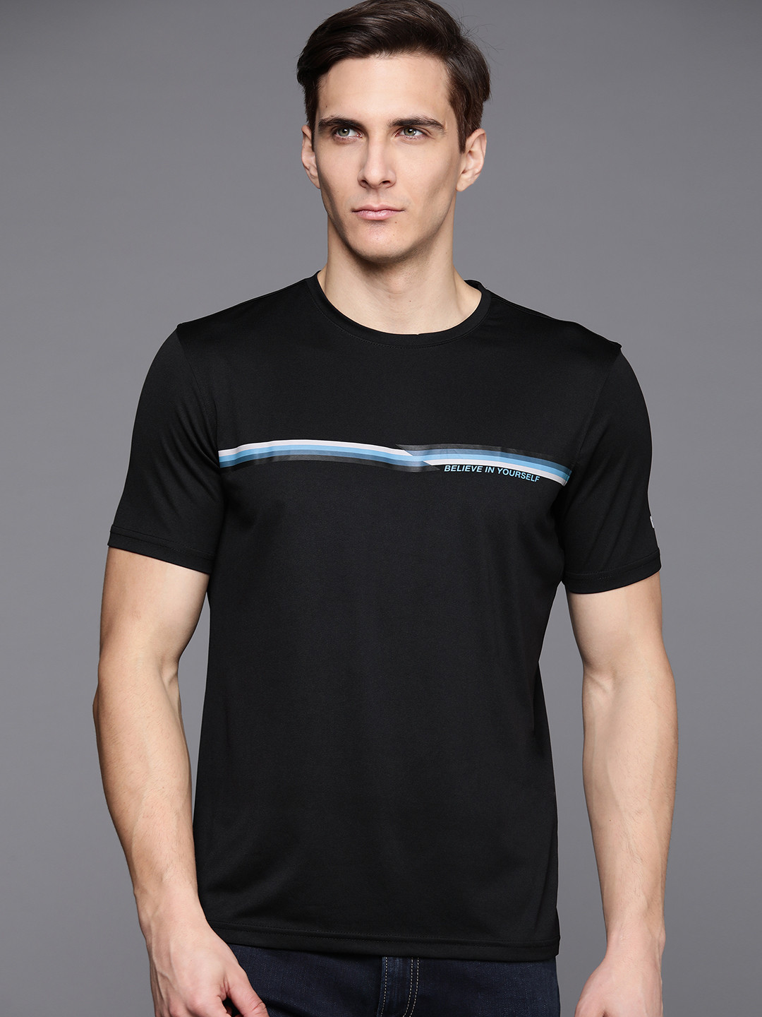Louis Philippe ATHPLAY Men Black Striped T-shirt