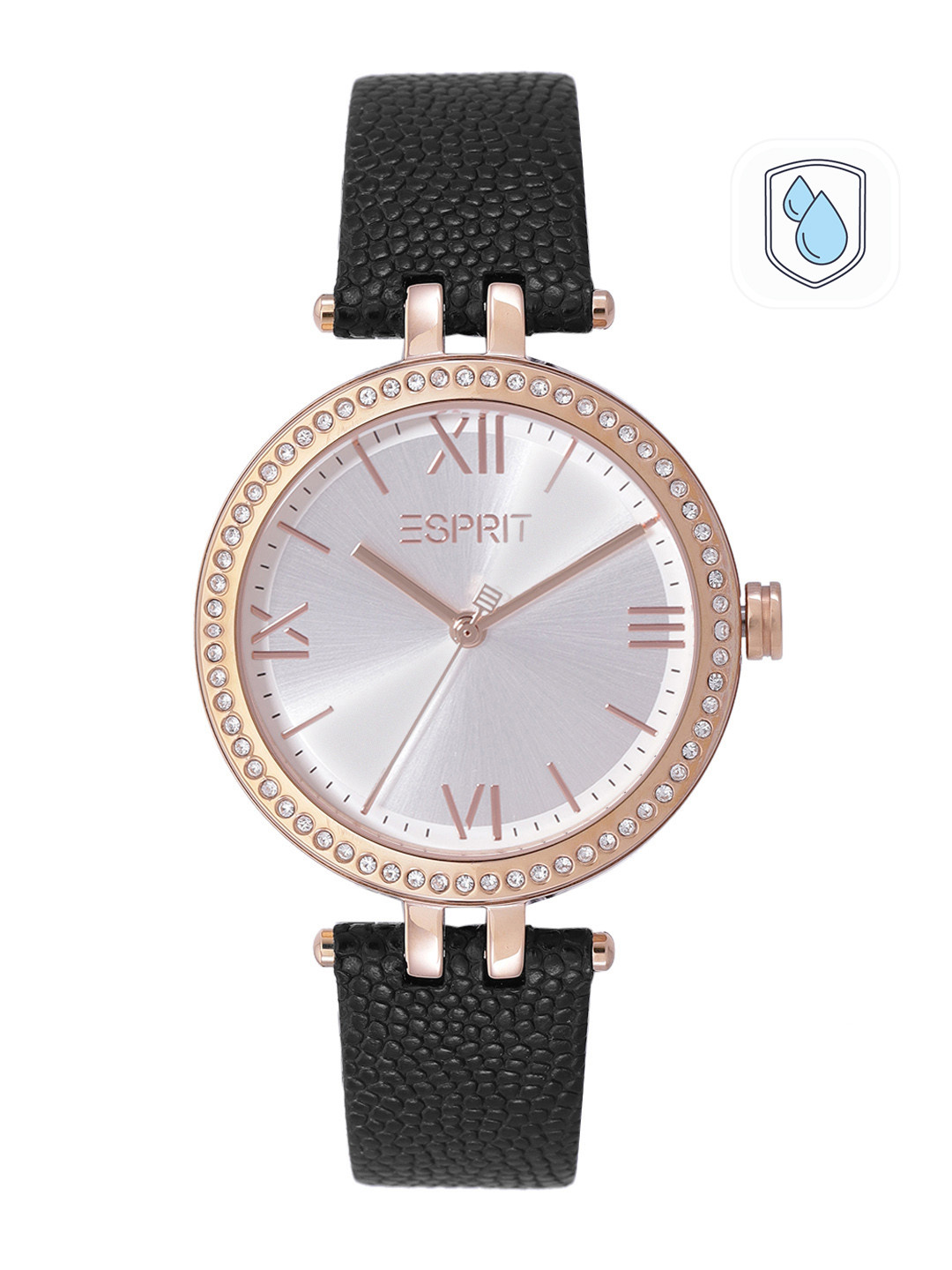 ESPRIT Women Silver-Toned Dial & Black Leather Straps Elena Analogue Watch ES1L377L0025
