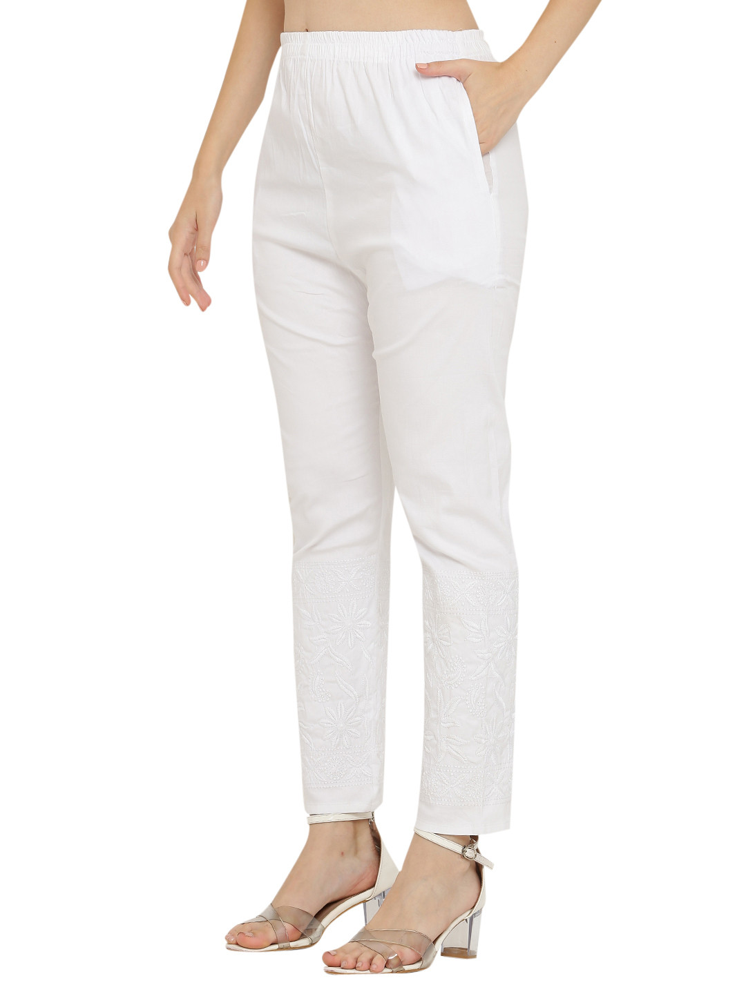 FAWOMENT Women White Chikankari Embroidered Lounge Pants