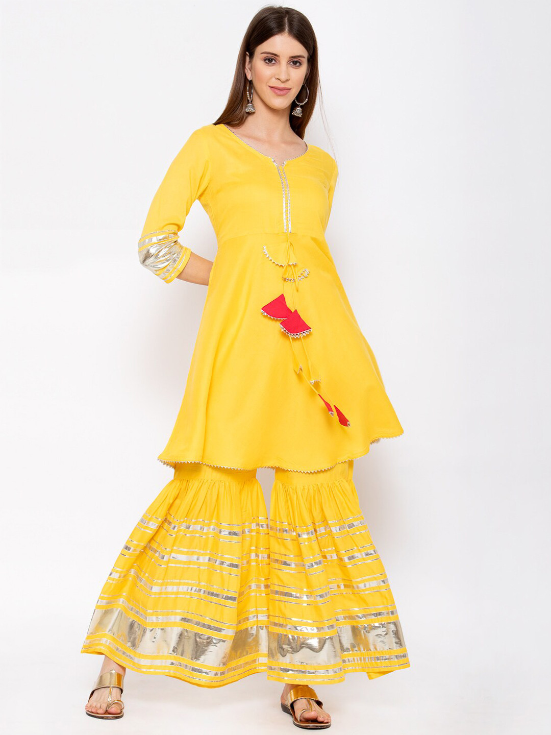 Yuris Women Yellow Gotta Patti Pure Cotton Kurti with Palazzos