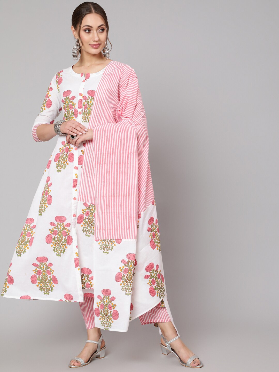 Buy GLAM ROOTS Women Pink Floral Yoke Design Panelled Pure Cotton