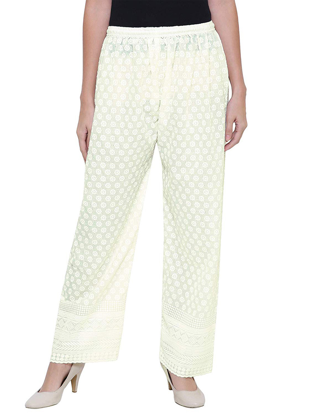 Trendzmy Women Cream-Coloured Floral Embroidered Flared Handloom Palazzos
