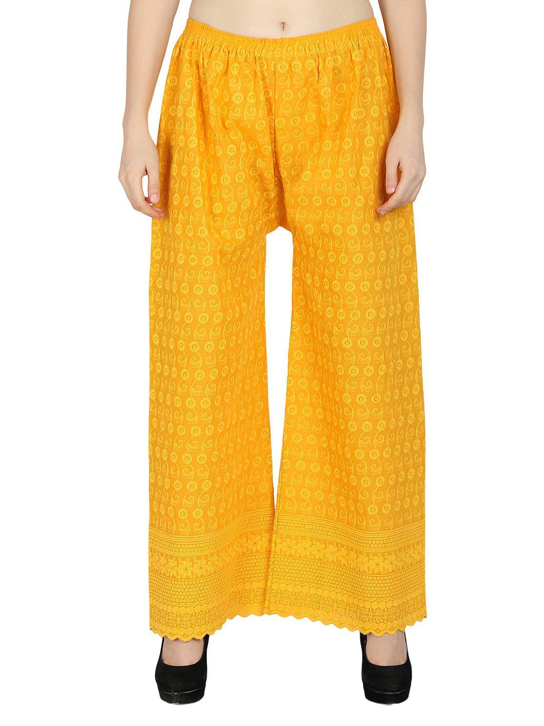 Trendzmy Women Mustard Yellow Floral Embroidered Flared Handloom Palazzos