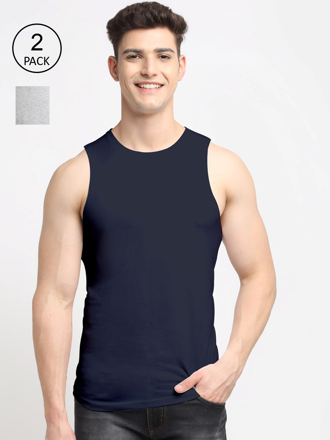 Friskers Men Pack Of 2 Grey & Navy Blue Solid Cotton Gym Vest