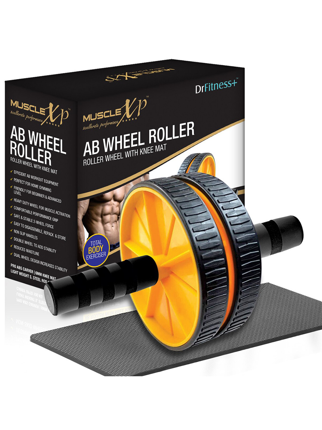 MUSCLEXP Black & Yellow Solid DrFitness+ AB Wheel Roller With Knee Mat