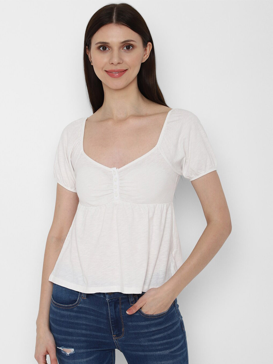 AMERICAN EAGLE OUTFITTERS Women White & almost mauve V-Neck Raw Edge T-shirt