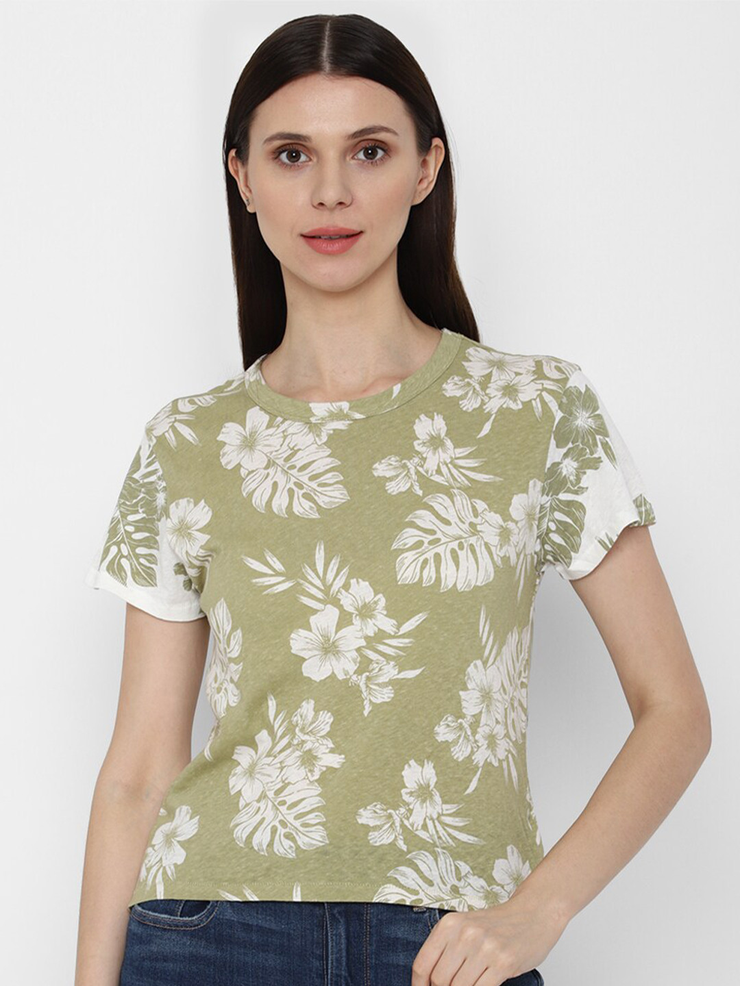 AMERICAN EAGLE OUTFITTERS Women Green Floral Printed Extended Sleeves T-shirt