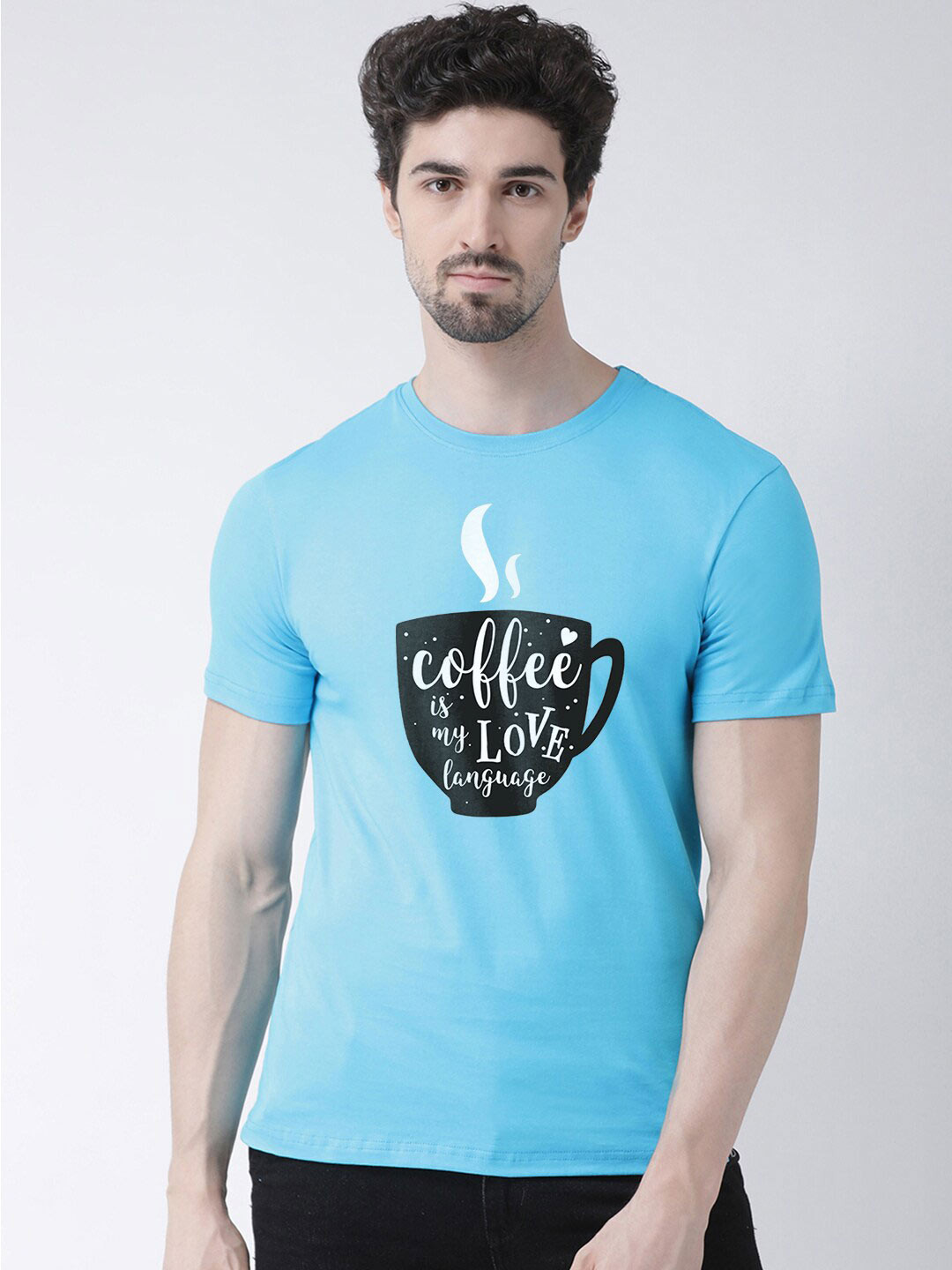 Friskers Men Turquoise Blue & bachelor button Typography Printed Applique T-shirt