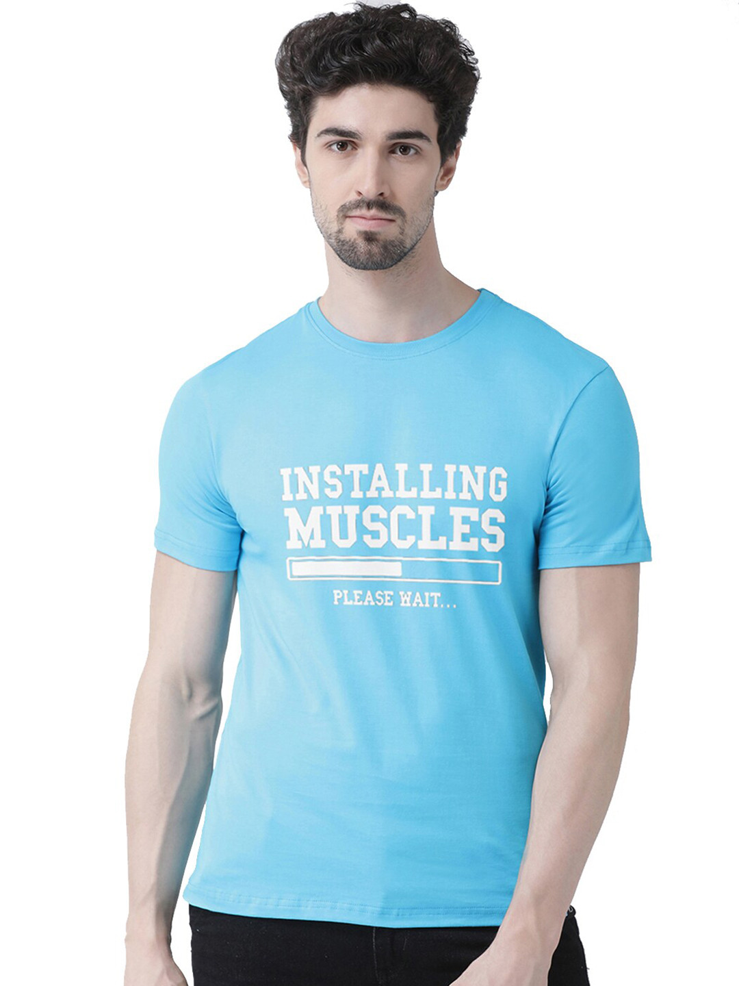 Friskers Men Turquoise Blue & bachelor button Typography Printed Applique T-shirt