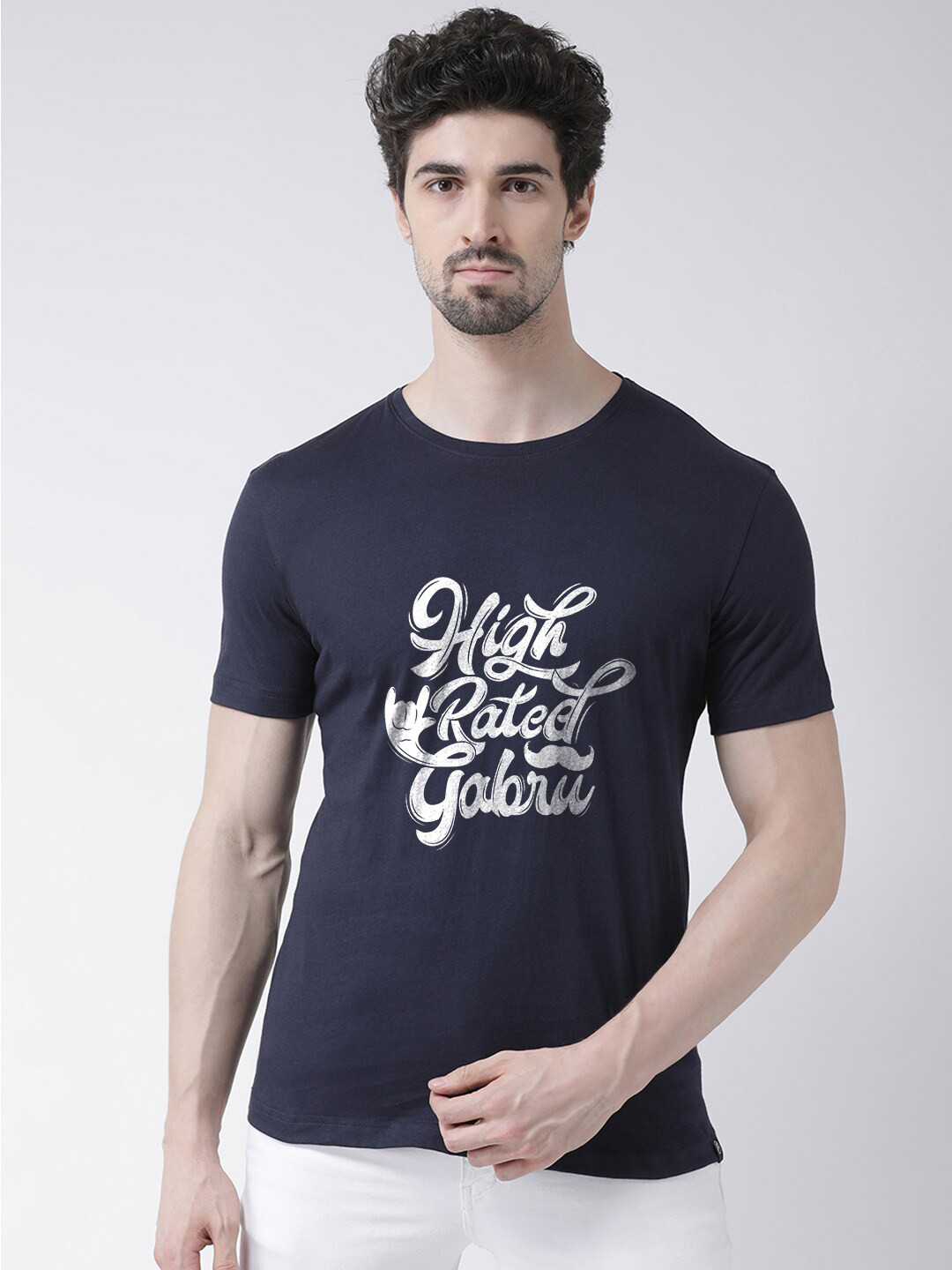 Friskers Men Navy Blue & anthracite Typography Printed Applique T-shirt