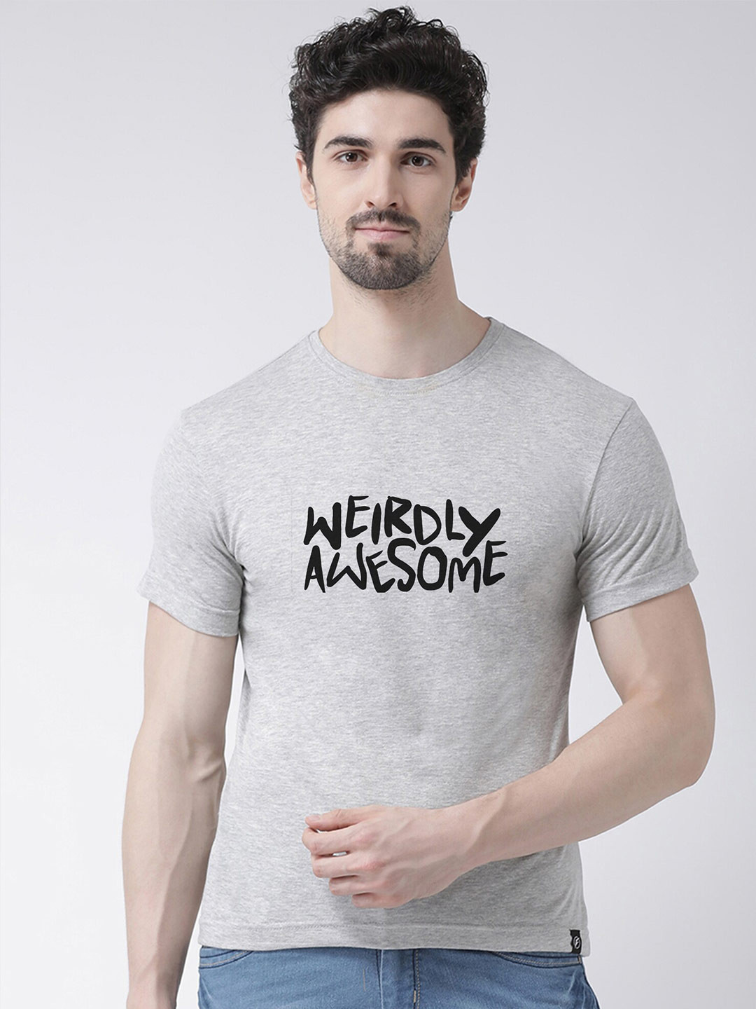 Friskers Men Grey & orchid tint Typography Printed Applique T-shirt