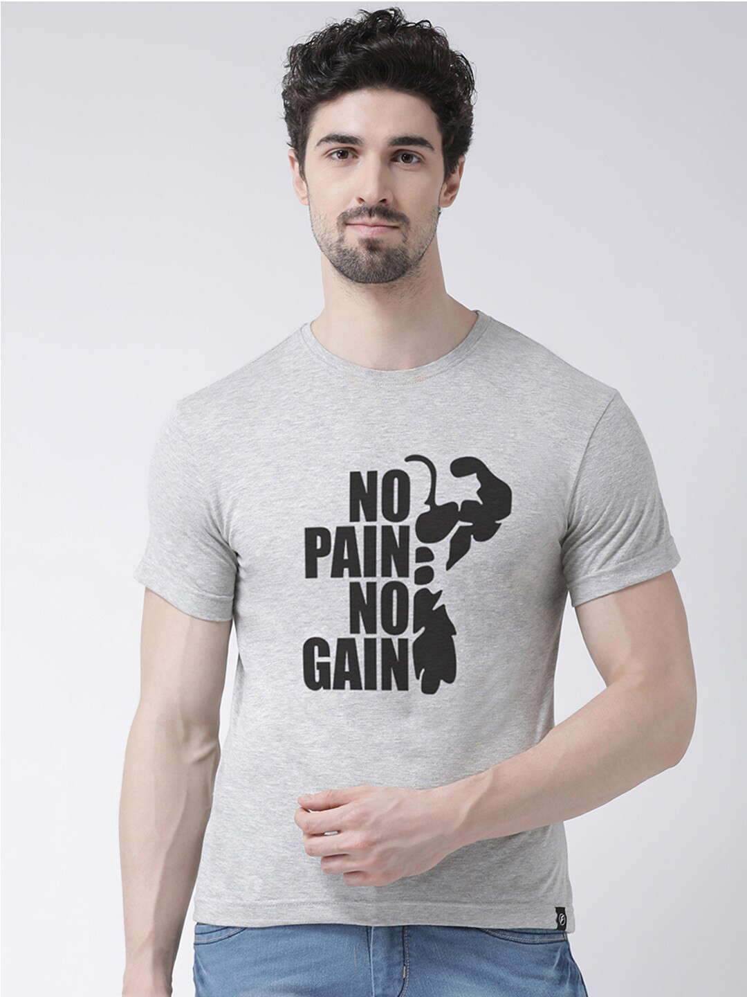 Friskers Men Grey & orchid tint Typography Printed Applique T-shirt