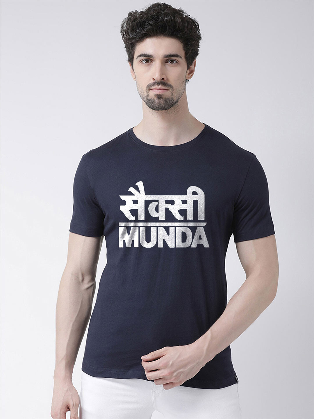 Friskers Men Navy Blue & peacoat Typography Applique T-shirt