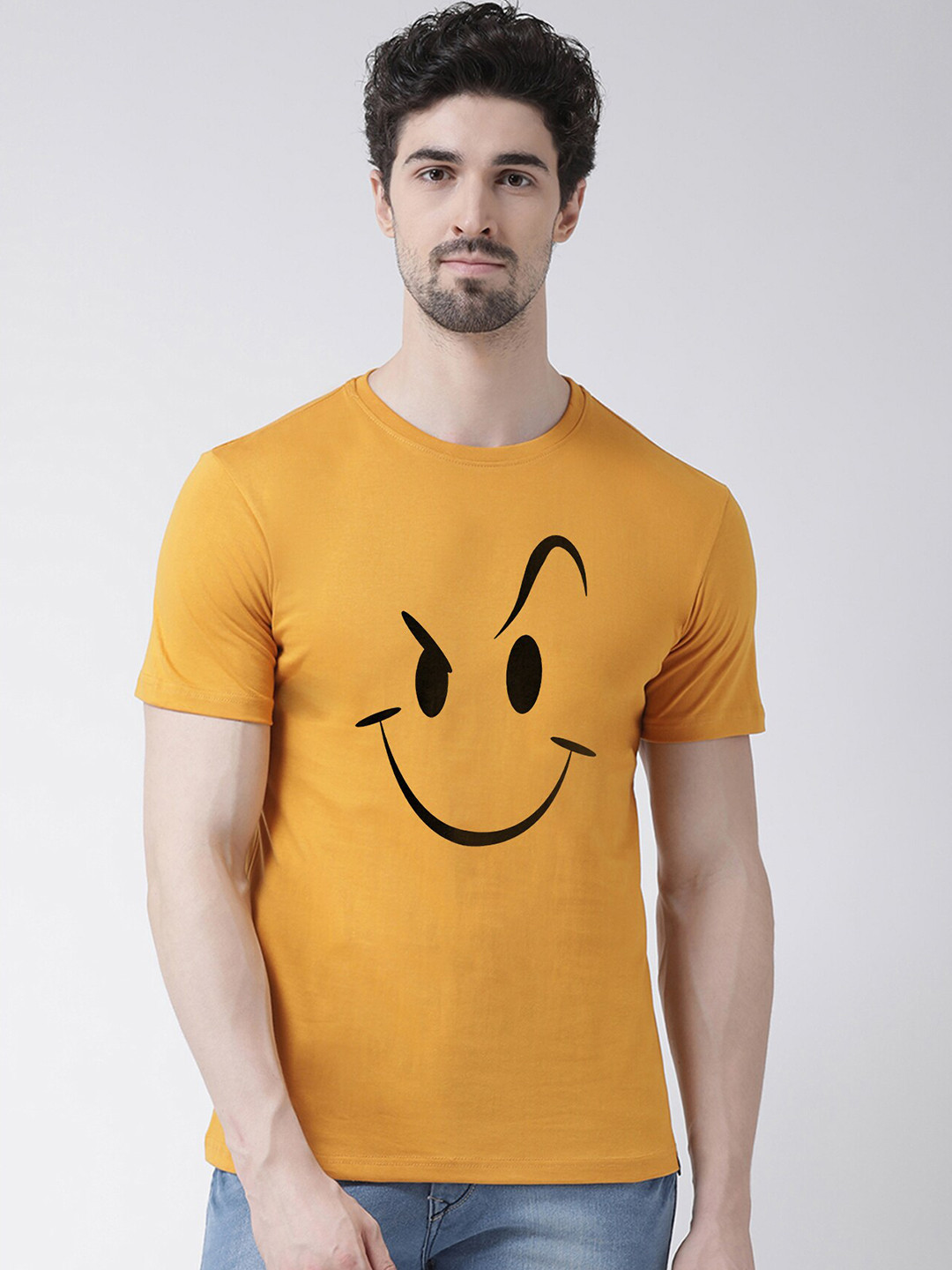 Friskers Men Gold-Toned & neon carrot Typography Raw Edge T-shirt