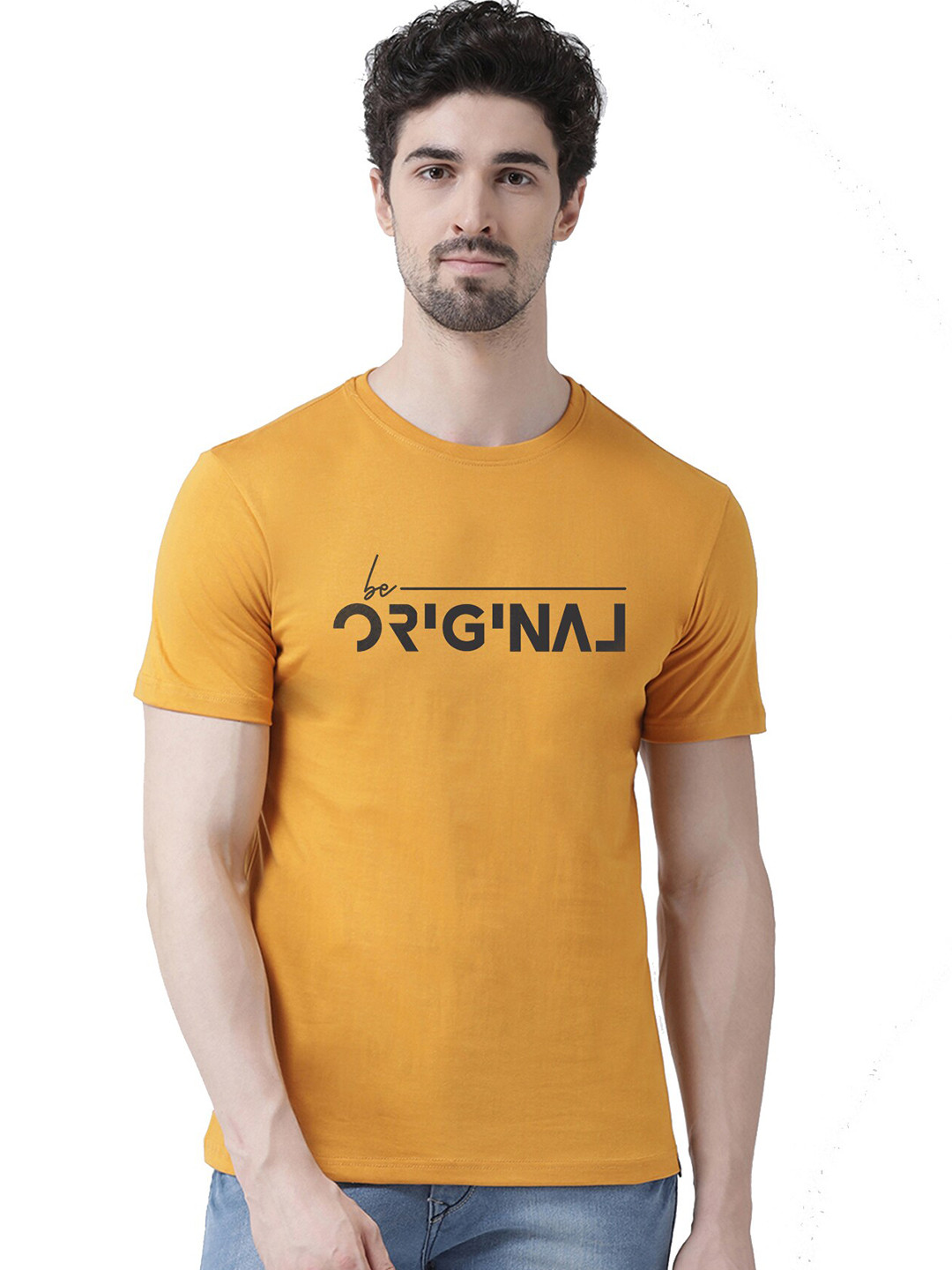 Friskers Men Gold-Toned & neon carrot Typography Printed Applique T-shirt