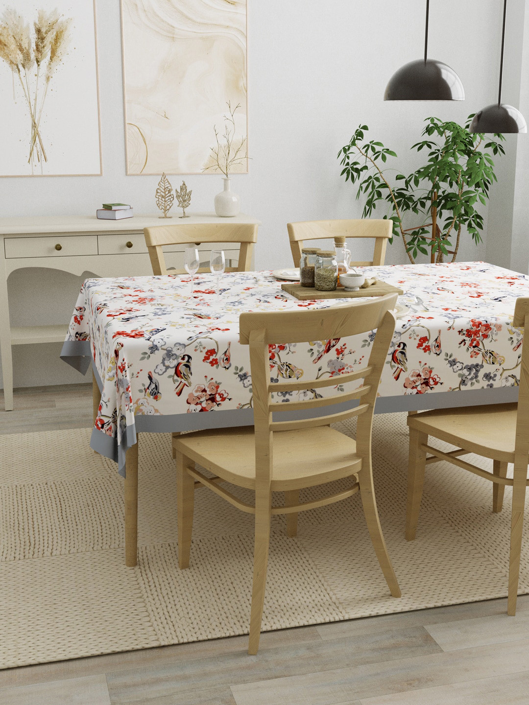 Clasiko Grey & Cream Floral 4 Seater Rectangular Anti-Slip Table Cover