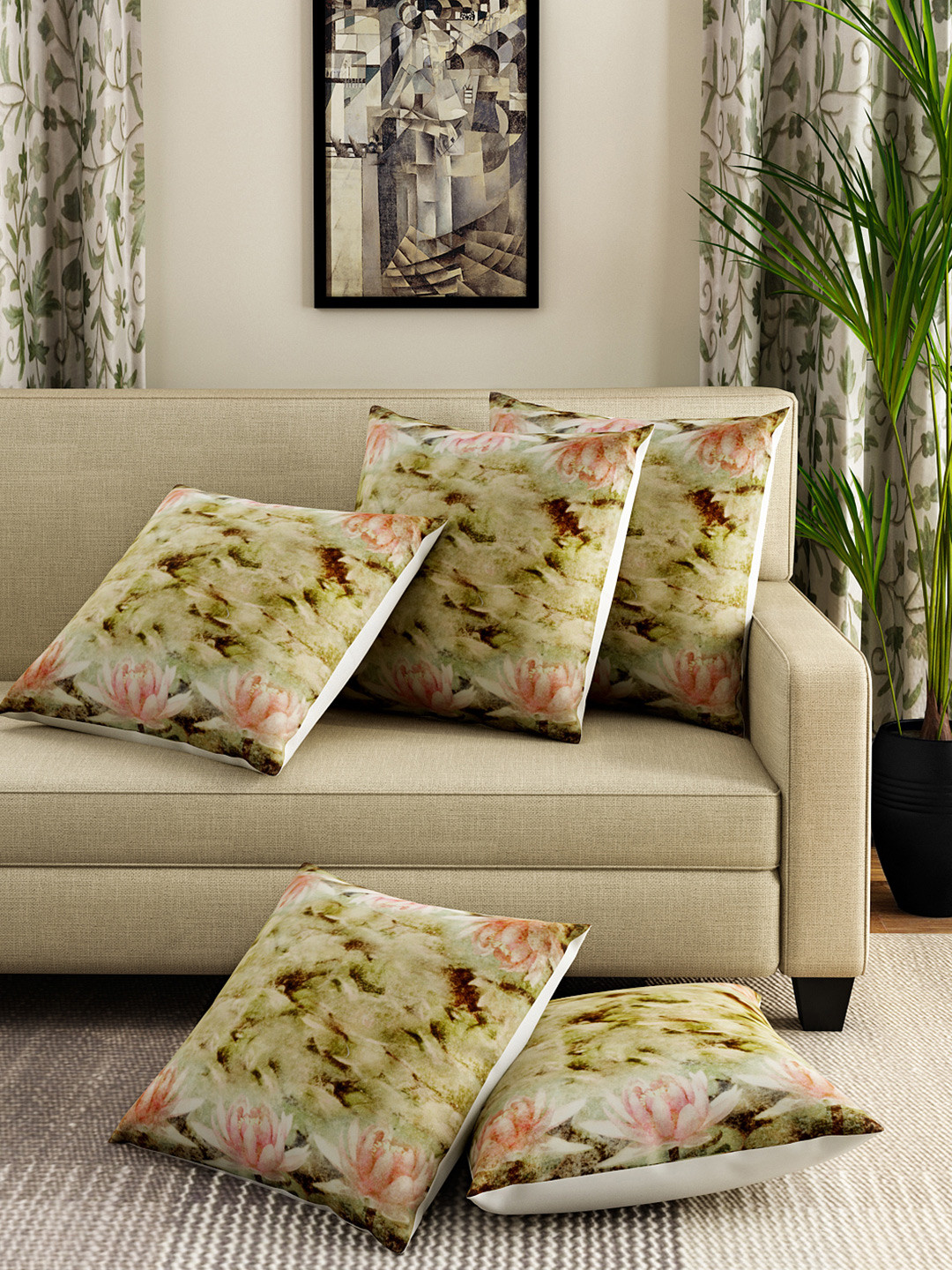 SWAYAM Cream Floral Canvas Washable 5 Piece Square Cushion Covers -16x16In