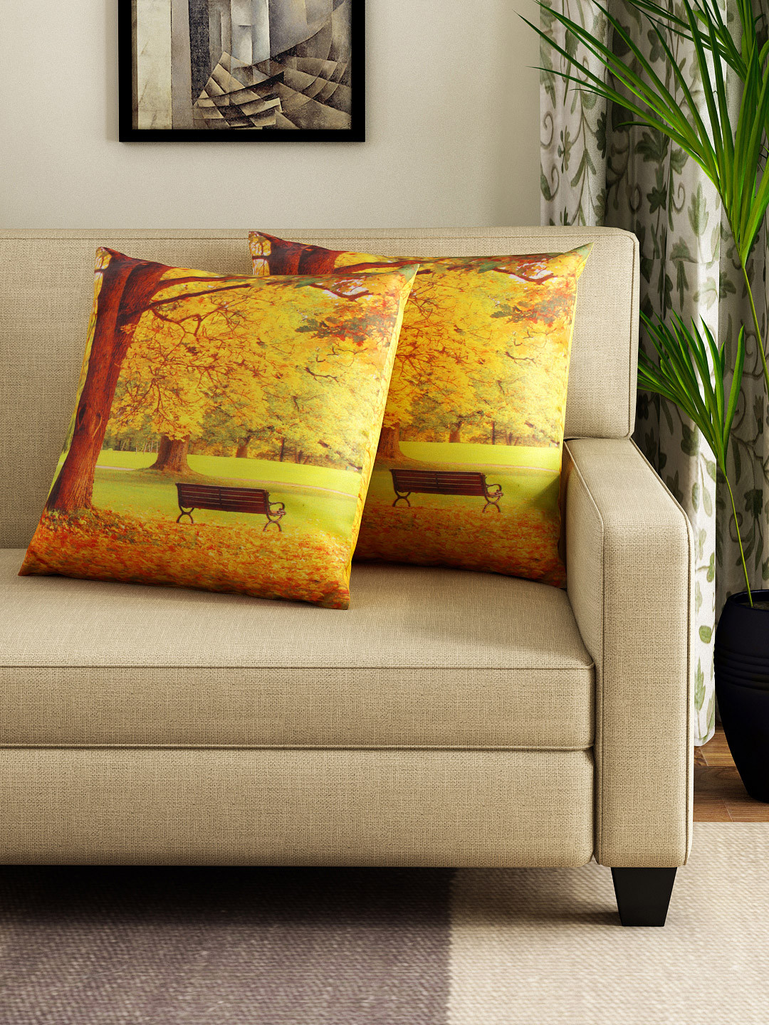 SWAYAM Multicoloured Graphic Polyester Silk Washable 2 Pcs Square Cushion Covers -16x16In