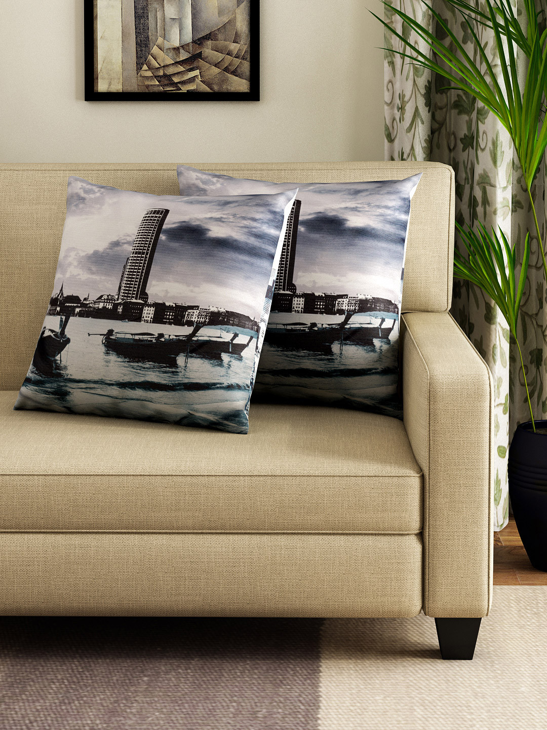 SWAYAM World City Theme Graphic Polyester Washable 2 Pcs Cushion Covers - 16 x 16 In