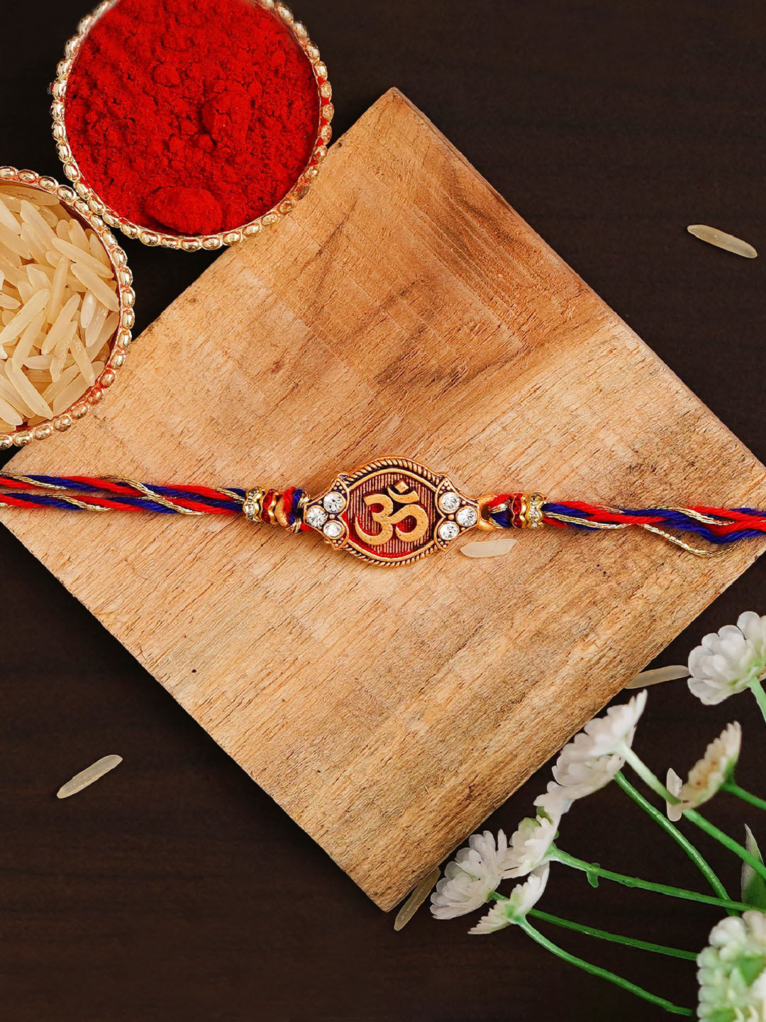 eCraftIndia Gold-Tone & Red Om Religious Rakhi and Roli Chawal