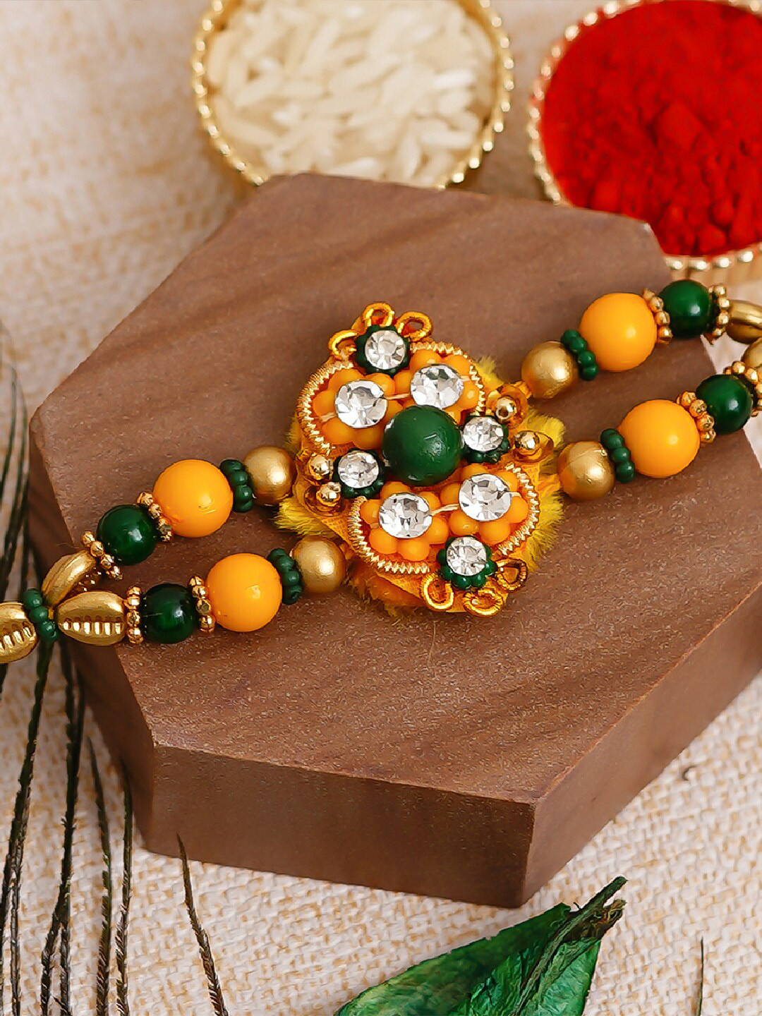 eCraftIndia Orange & Green Studded & Beaded Designer Multistrand Rakhi