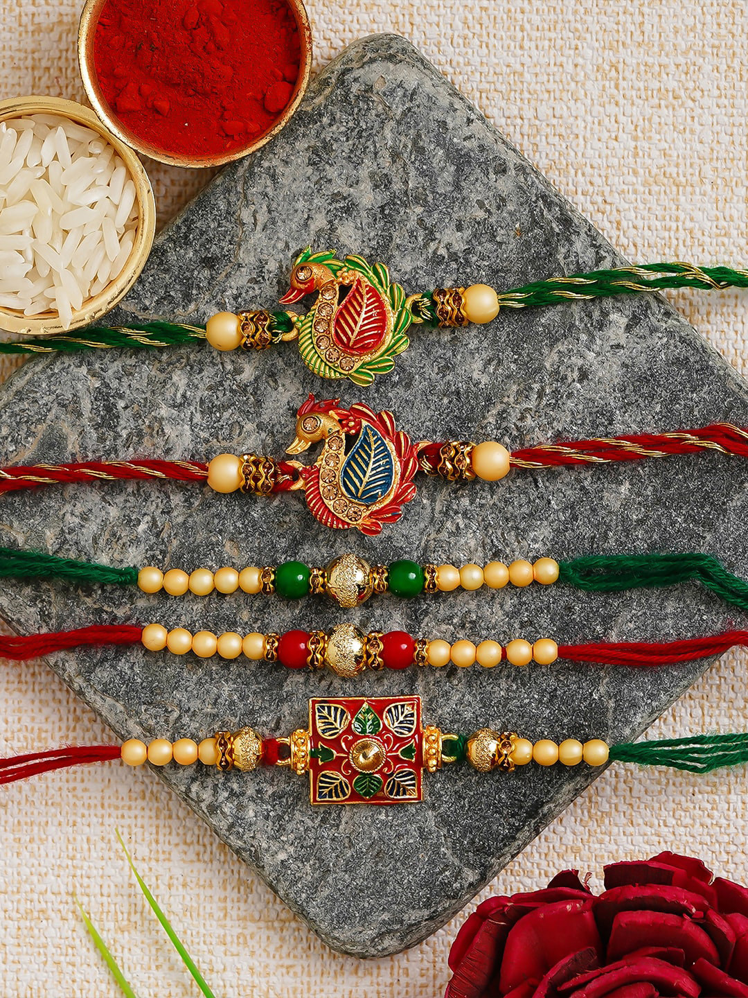 eCraftIndia Pack of 5 Multicolored Meenakari Designer Thread Rakhis