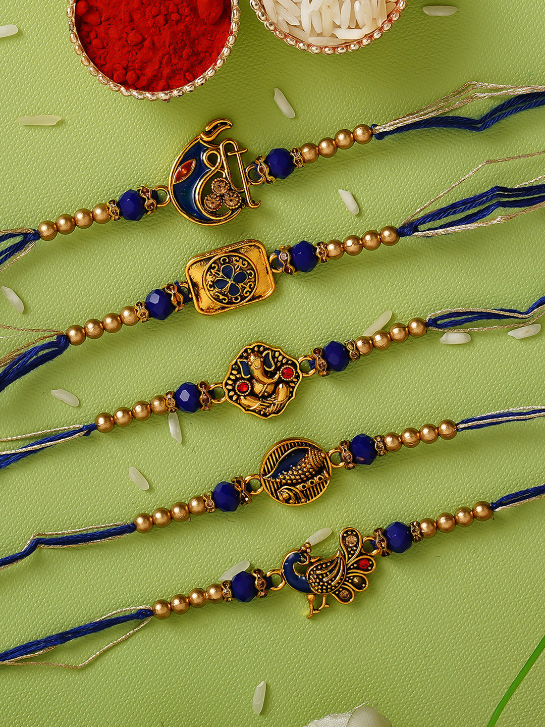 eCraftIndia Pack Of 5 Blue & Golden Religious Rakhis & Roli Chawal