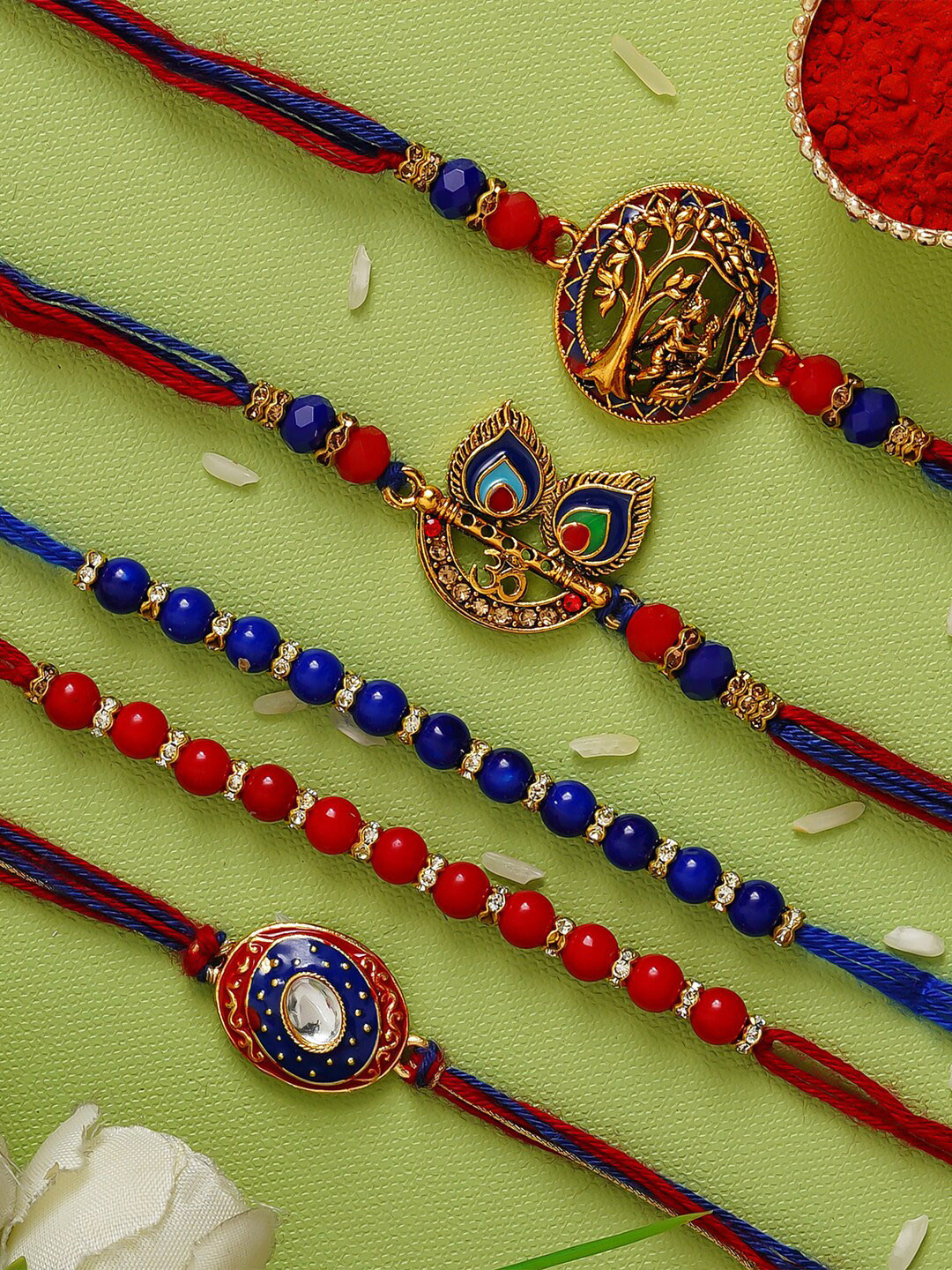 eCraftIndia Pack of 5 Designer Rakhis and Roli Chawal Pack