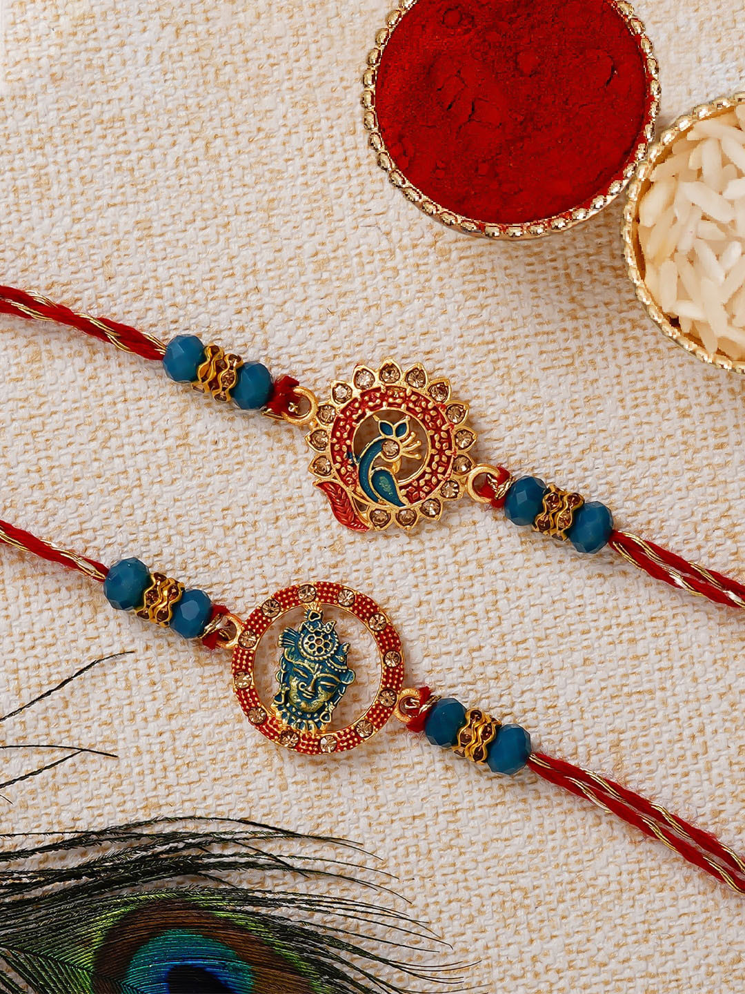 eCraftIndia Multicolour Pack of 2 Rakhis and Roli Chawal
