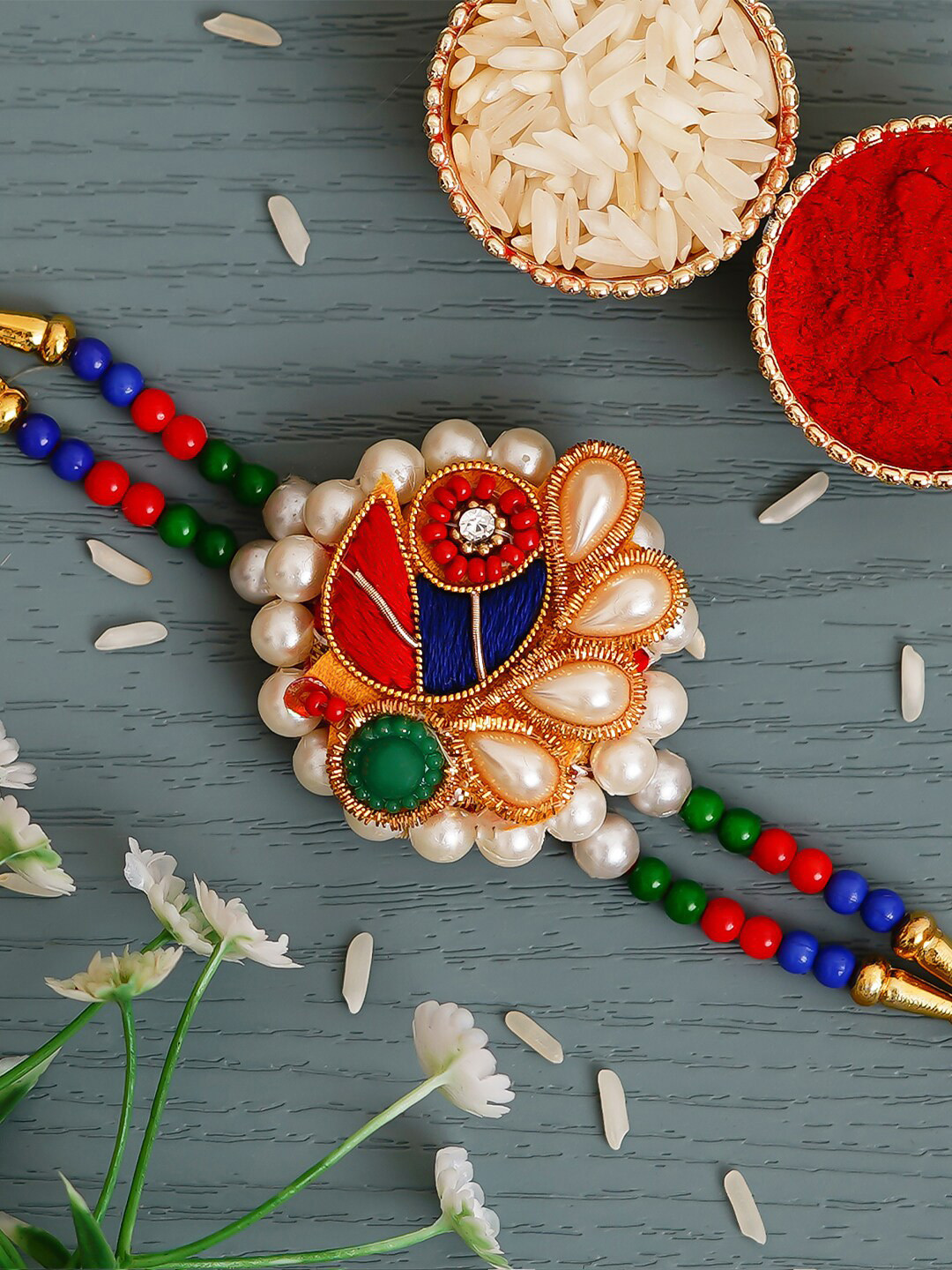 eCraftIndia Red & Blue Peacock Pearl Studded Rakhi Set